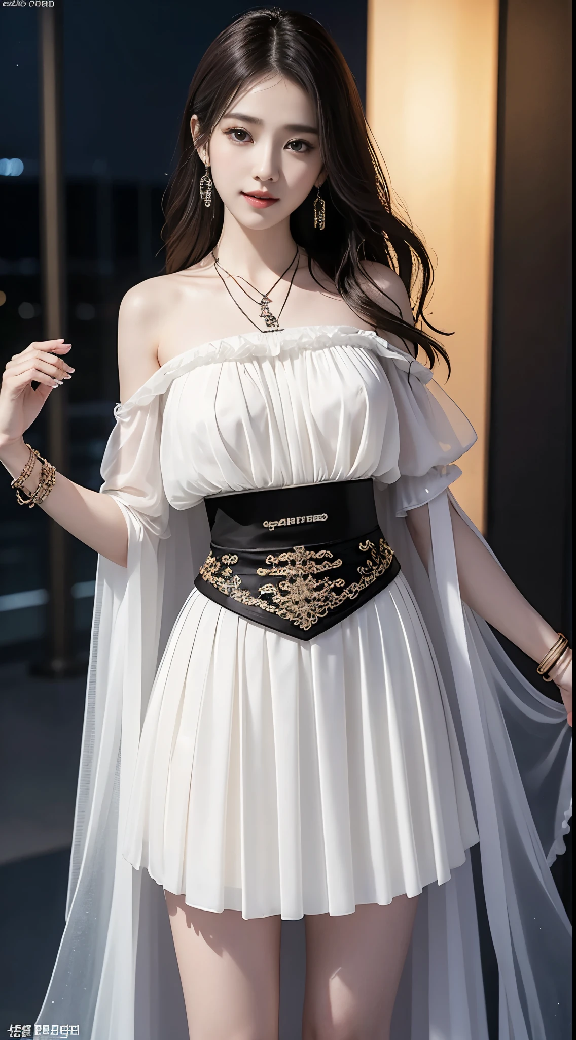 hanfu, ((whole body)), ((from below)), ((gufeng,bare shoulders)), ((The skirt is short)),((Leaking beautiful legs)), clear face, pretty face, 8k, masterpiece, original photo, best quality, detail:1.2,lifelike, detail, Very detailed, CG, unity, wallpaper, depth of field, movie light, lens flare, Ray tracing, (extremely beautiful face, beautiful lips, beautiful eyes), complicated, detail的脸, ((ultra detailed skin)), 1 girl, in the darkness, deep shadow, beautiful korean girl, kpop idol,(Very slim figure:1.3), plump breasts, Slender sexy legs, elegant posture, (bright smile), (City night, (neon lights), (night), beautiful korean girl, white diamond earrings, diameter bracelet, Dia Necklace, clear eyes, facing forward, (big eyes)