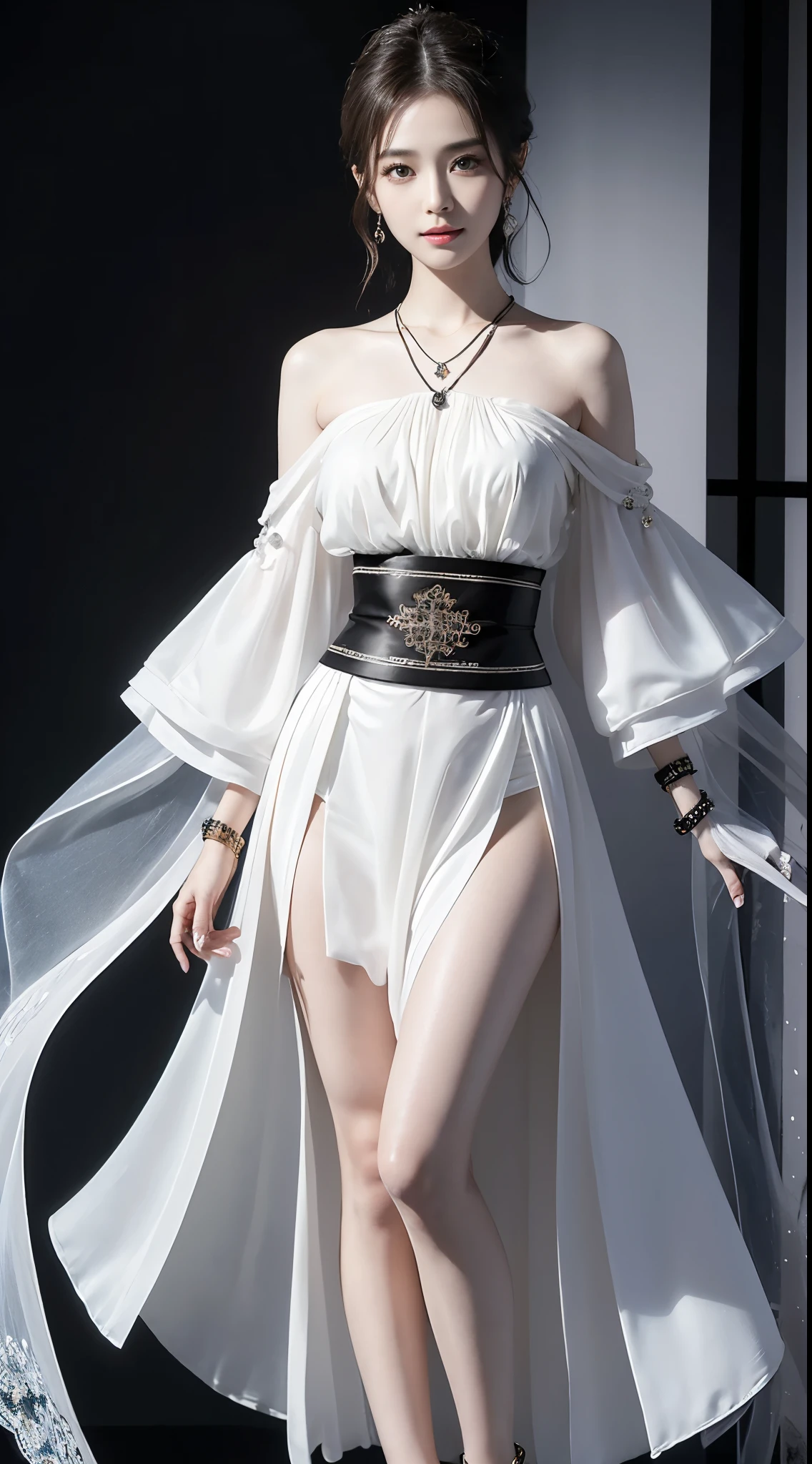 hanfu, ((whole body)), ((from below)), ((gufeng,bare shoulders)), ((The skirt is short)),((Leaking beautiful legs)), clear face, pretty face, 8k, masterpiece, original photo, best quality, detail:1.2,lifelike, detail, Very detailed, CG, unity, wallpaper, depth of field, movie light, lens flare, Ray tracing, (extremely beautiful face, beautiful lips, beautiful eyes), complicated, detail的脸, ((ultra detailed skin)), 1 girl, in the darkness, deep shadow, beautiful korean girl, kpop idol,(Very slim figure:1.3), plump breasts, Slender sexy legs, elegant posture, (bright smile), (City night, (neon lights), (night), beautiful korean girl, white diamond earrings, diameter bracelet, Dia Necklace, clear eyes, facing forward, (big eyes)