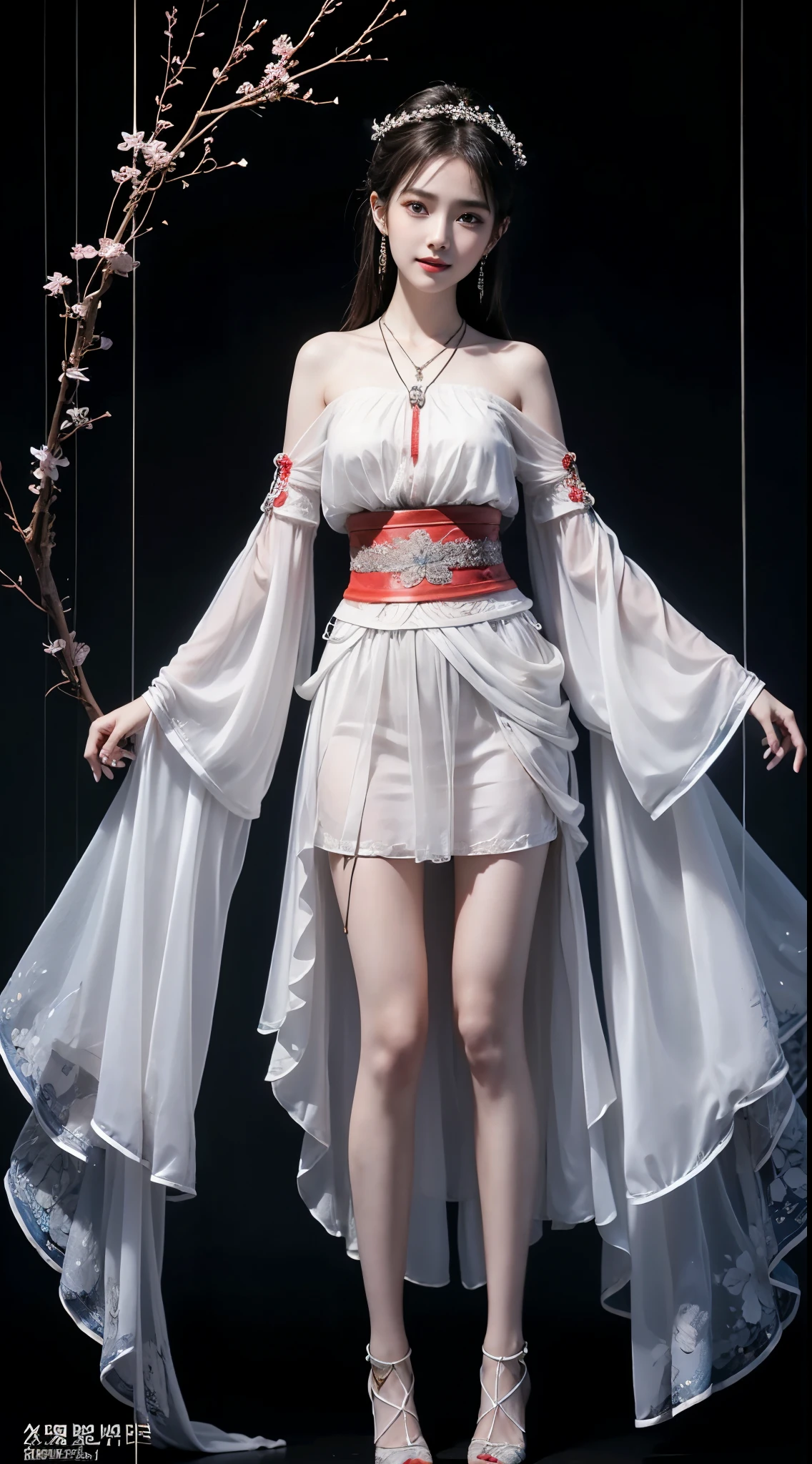 hanfu, ((whole body)), ((from below)), ((gufeng,bare shoulders)), ((The skirt is short)),((Leaking beautiful legs)), clear face, pretty face, 8k, masterpiece, original photo, best quality, detail:1.2,lifelike, detail, Very detailed, CG, unity, wallpaper, depth of field, movie light, lens flare, Ray tracing, (extremely beautiful face, beautiful lips, beautiful eyes), complicated, detail的脸, ((ultra detailed skin)), 1 girl, in the darkness, deep shadow, beautiful korean girl, kpop idol,(Very slim figure:1.3), plump breasts, Slender sexy legs, elegant posture, (bright smile), (City night, (neon lights), (night), beautiful korean girl, white diamond earrings, diameter bracelet, Dia Necklace, clear eyes, facing forward, (big eyes)