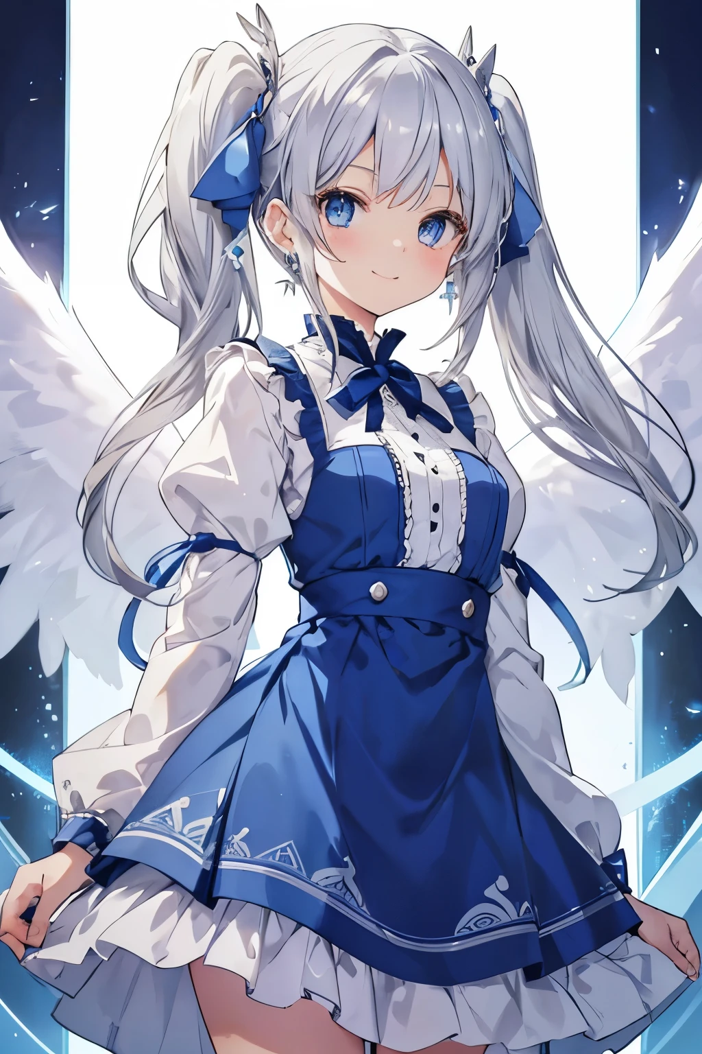 Silver-haired blue eyes、 girl、small breasts、twin tails、smile、cute clothes、gal girl、wearing cute earrings、With angel wings