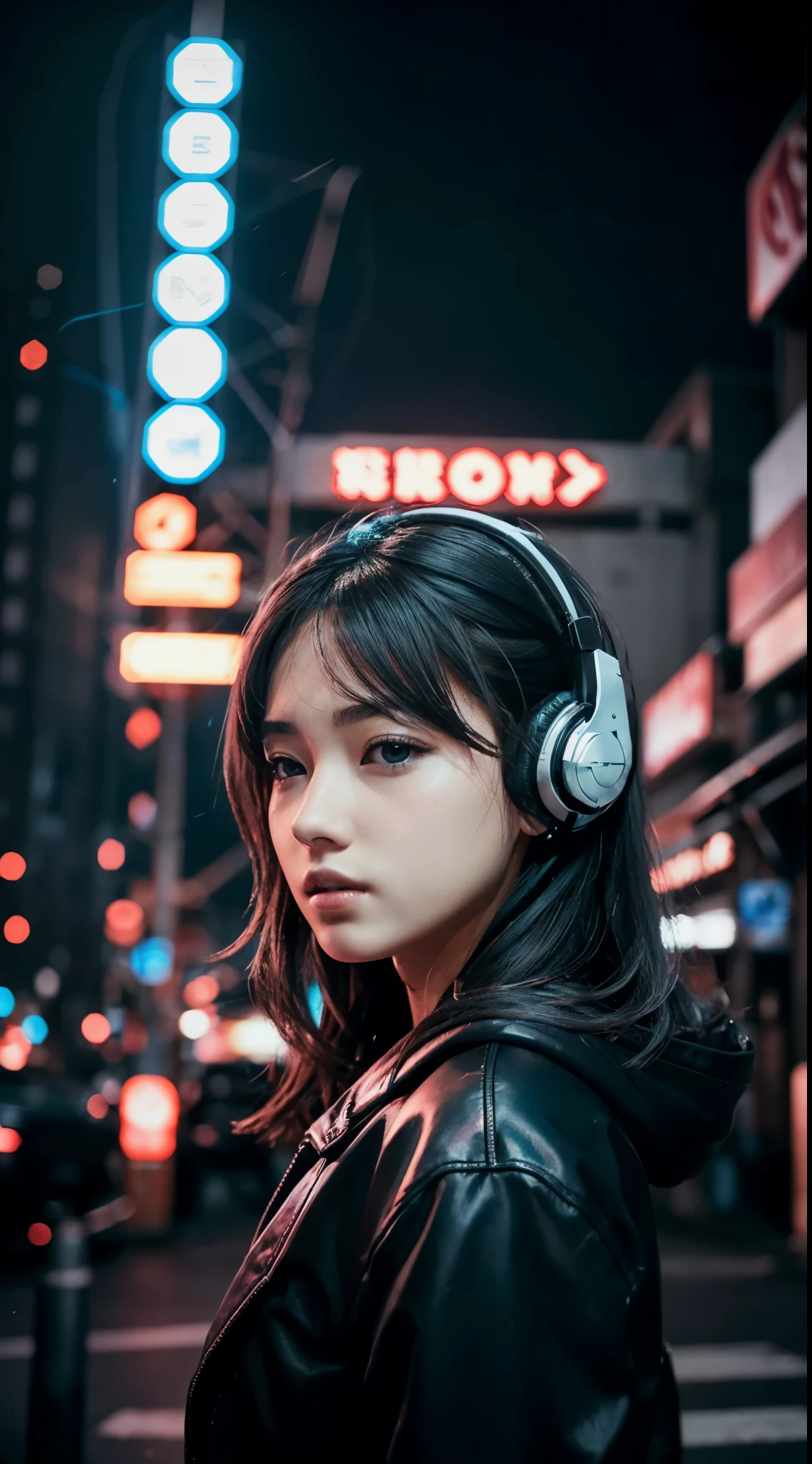 movieのようなポートレート写真、octane rendering、8k、1 girl、Calm、(pay attention to realistic details、natural skin texture、realistic facial details)、soft and dramatic lighting、Depth of the bounds written、Bokeh、vivid details、finely、surreal、100mm film、hazy blur、movie、cyberpunk、Neon Letter Sign、beautiful cyberpunk woman、inner hair coloring、wear headphones、Storm Suit、dynamic composition、wide angle photo