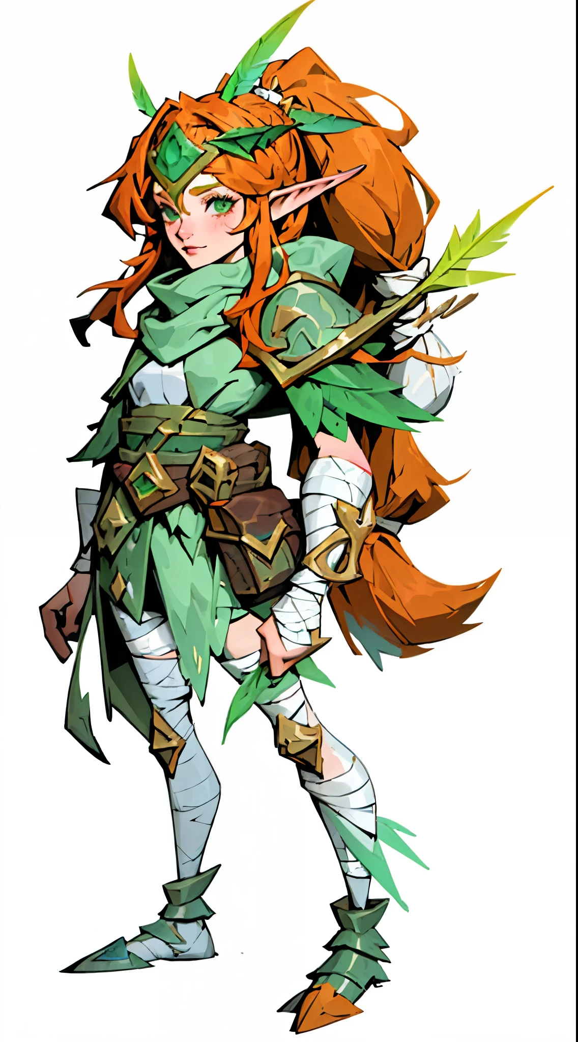 Grass, venue, League of Legends, 1 girl, Elf, Druid, animal ears, bandage legs, long legs, bandage, bandage, bird legs, bird skull, cape, shut up, Distinguish ears by headgear, eyes visible through hair, face drawing, feather, hood, hooded cape, long hair, Brownish-green eyes, ginger, Red hair, colorful hair, armor, blue scarf, scarf, scarf, scarf long hair, hooded scarf, green clothes, green skirt, long skirt, leather armor, ponytail