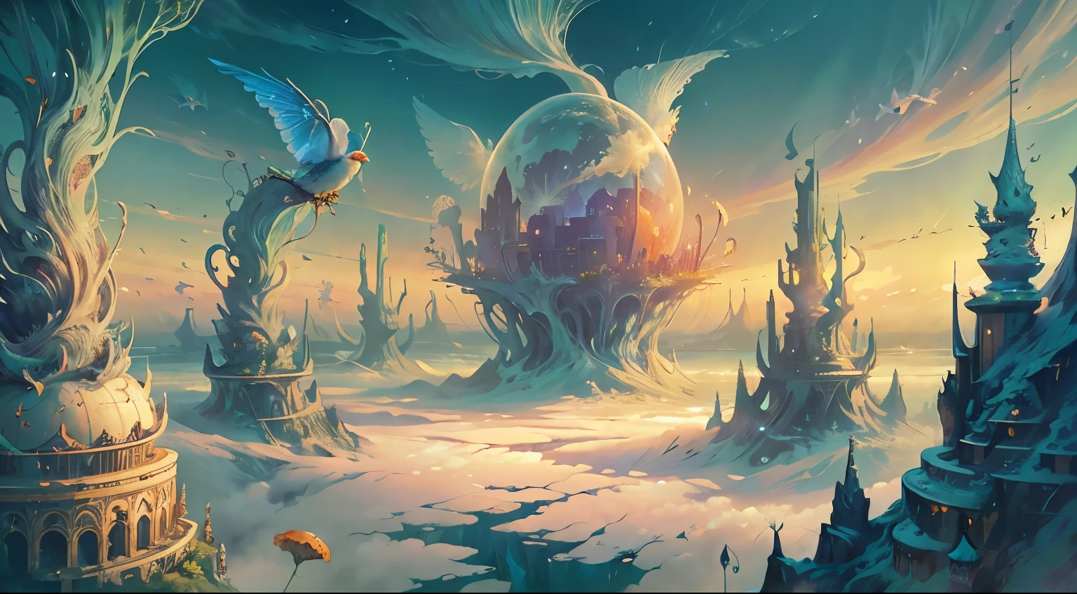 Birds singing and flowers fragrant, fantasy art, fantastic art, beautiful fantasy painting, Dreamy, Surreal and Fantasy Art, Whimsical fantasy landscape art, fantasy illustration, very beautiful fantasy art, dreamlike surrealism, Surreal dreamy poetry, beautiful fantasy art, Magic Realistic Painting, stunning fantasy art, fairy tale artwork, fairy tale painting