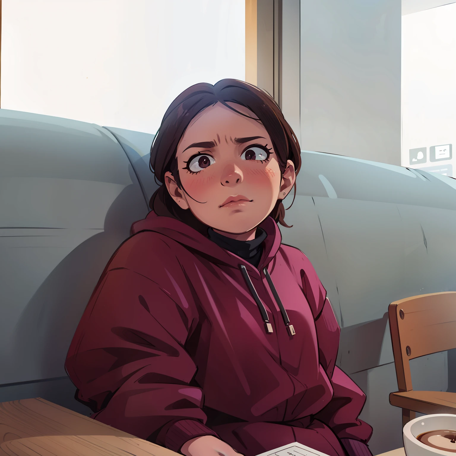 woman sentado en una mesa with a cup of coffee and a donut, foto de mujer joven, taken in the early 2020s, foto de una mujer, sentado en una mesa, foto de la chica, sentado en la mesa, imagen de perfil, with a sad expression, lorena avarez, around 19 years, sentado en una mesa color moca