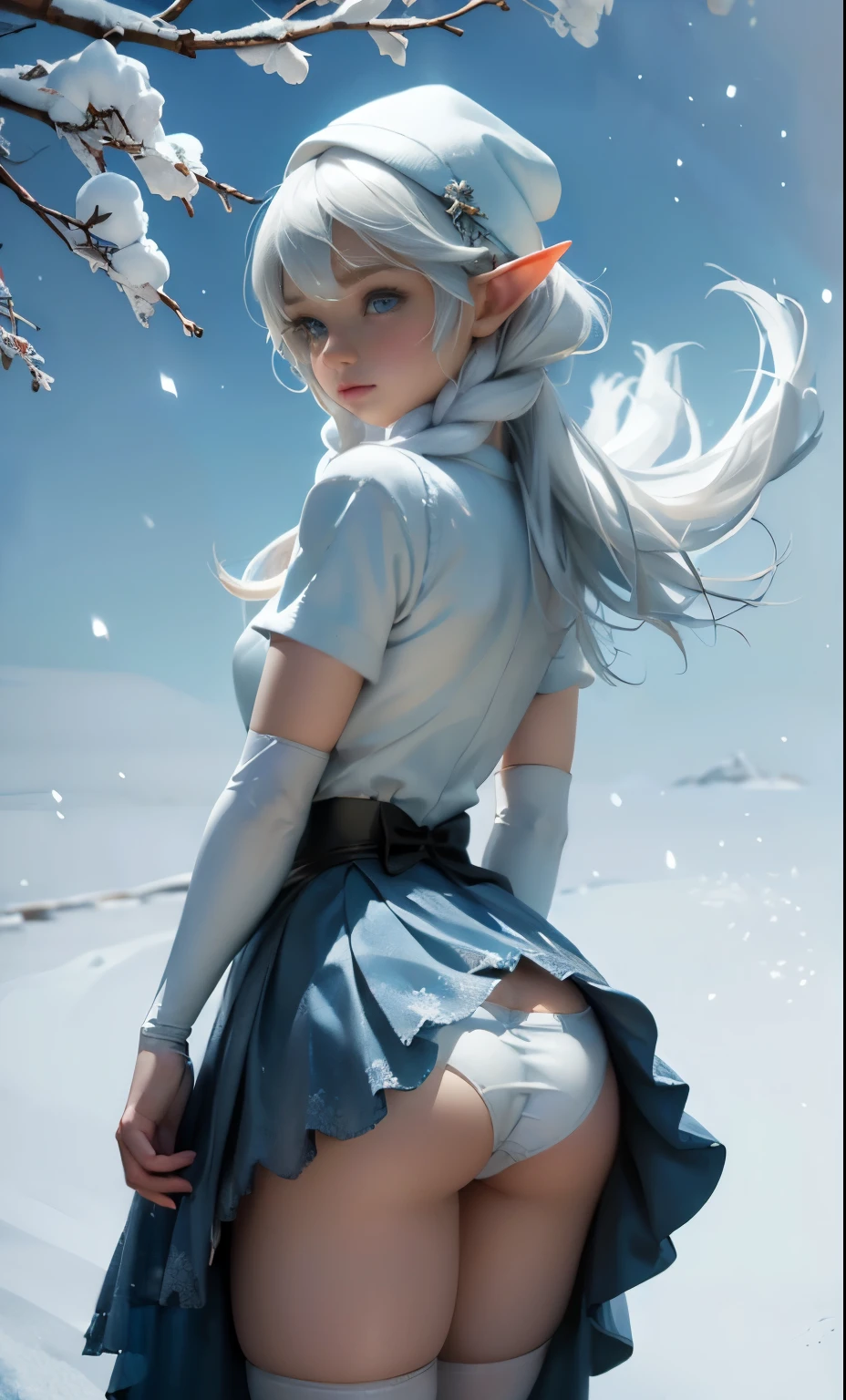 (Rear view, Rear view),(best quality,High resolution,Super detailed,actual),target,A world covered in silver, snow-covered branches, toque Chill de invierno, snowflakes dance like elves, Turn the world into a silver fairy tale, Chill, Quiet and beautiful snow scene., cozy and quiet, (sea art 2.1), (Frozen white tree background falling snow:1.4) , (beautiful blue eyes big ishiguro:1.4) , (cowboy pose ), (realistic) ,8K high quality detailed art, Fan Art Mejor ArtStation, fantasy art style, (transparent short black ta mini skirt:1.4) , (mostrando panties White:1.4) ,(panties), stockings bra, leggings white,
