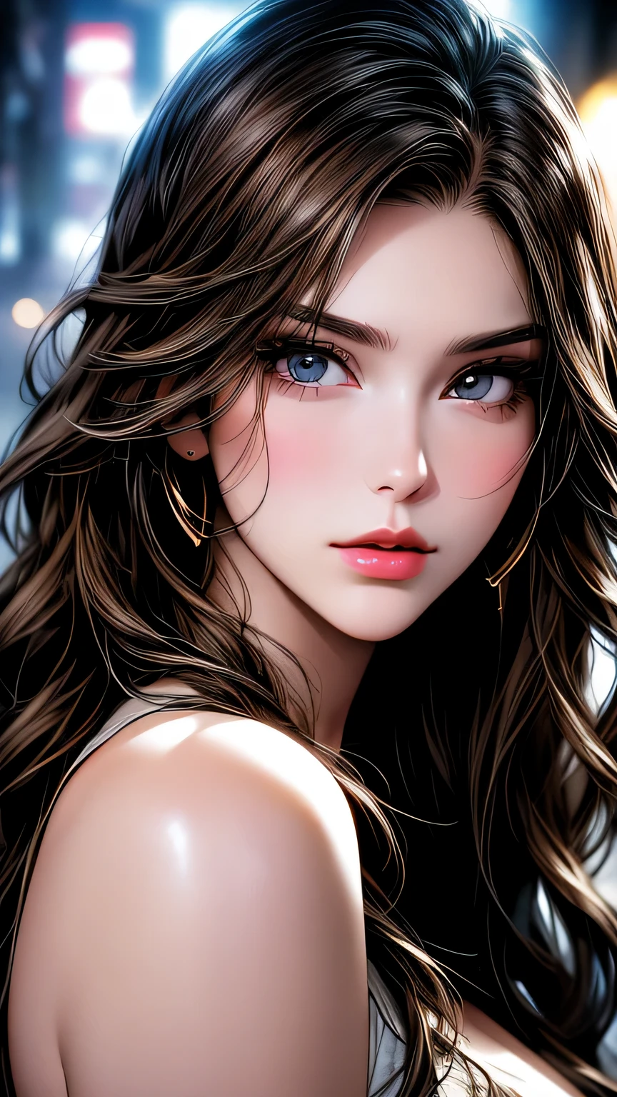 Photo of a 25 year old European girl posing, to be born, Beautiful woman, (super long wavy brown hair), ((portrait)), ((become familiar with face:1.2)), ((become familiar with facial features)), (finely become familiar with skin), white skin, (White short dress), cyberpunk metropolis environment, (cool coloroist, Moist, masterpiece of reflection) (perfect proportions)(realistic pictures)(highest quality) (become familiar with) , HDR, (8k) (wallpaper) (cinematic lighting) (dramatic lighting) (sharp focus) (Complex)、(((close up of face)))