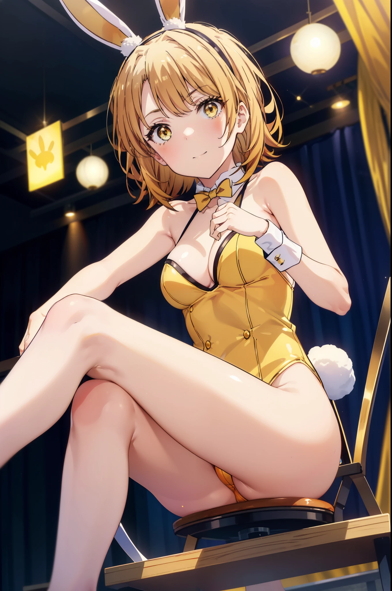 irohaisshiki, iroha isshiki, short hair, brown hair, (brown eyes:1.5), smile,Yellow leotard,yellow rabbit ears headband,Fishnet tights,stiletto heels,(Bunny girl:1.5),(yellow playboy bunny:1.0),sexy pose,sitting cross-legged on a chair,Make sure the whole body is included in the illustration,mirror ball,
break indoors,on stage,
break looking at viewer,
break (masterpiece:1.2), highest quality, High resolution, unity 8k wallpaper, (shape:0.8), (thin and beautiful eyes:1.6), highly detailed face, perfect lighting, Very detailed CG, (perfect hands, perfect anatomy),