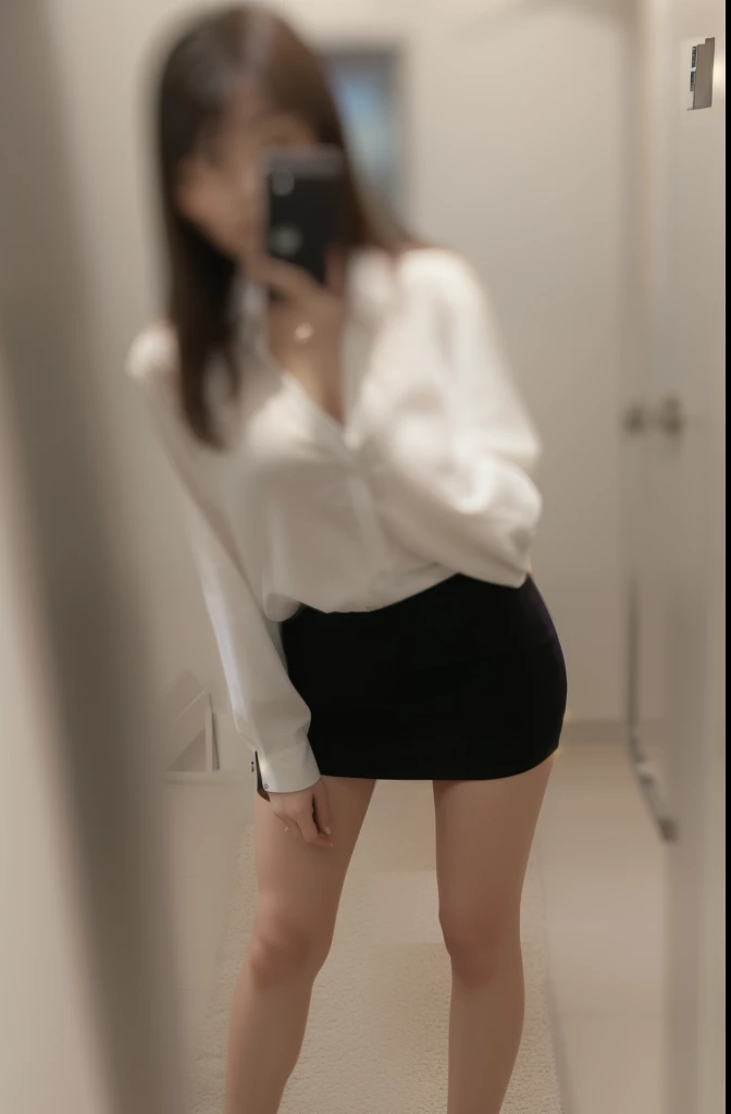 There is a woman wearing a white shirt and a black skirt., revealing clothes, indoor photos, 1 8 is, revealing clothes装, half body photo, close-up shot from behind, wearing a skirt, blurry image, middle body shot, look down shyly, 19 year old girl, touch her clothes, Close up half body shot、Low quality、iPhone Camera、snapchat、Moderately meaty legs