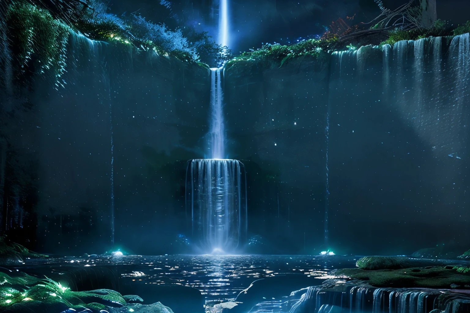 Waterfall at Night: The tranquil beauty of a waterfall softly illuminated by moonlight or artificial lights, creating a serene and enchanting scene.