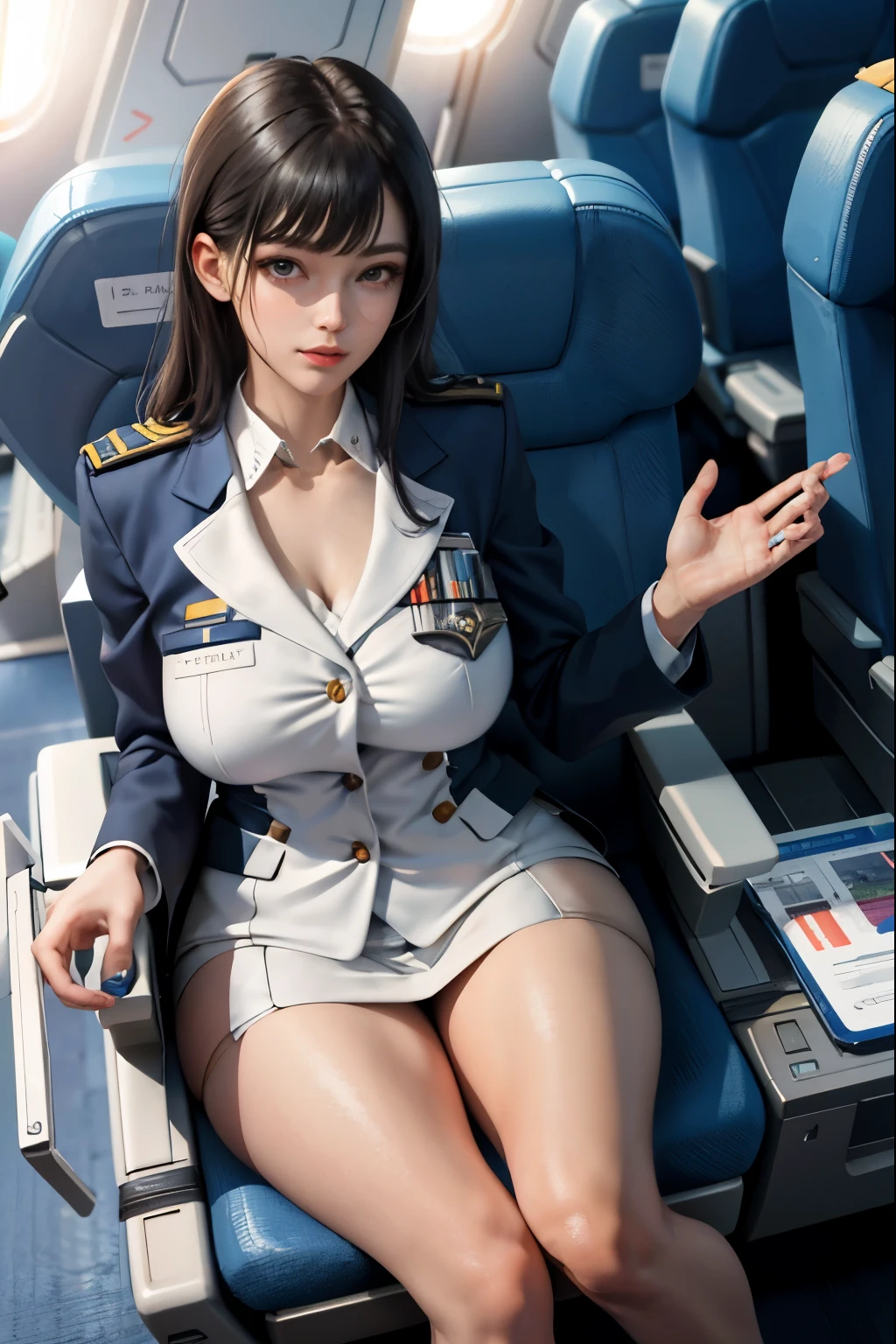 (masterpiece:1.2, highest quality), 1 female, alone, flight attendant, tight uniform, perfect hands, plane, Services for passengers, Providing safety precautions, Emergency response, bangs, (shiny skin:1.15),