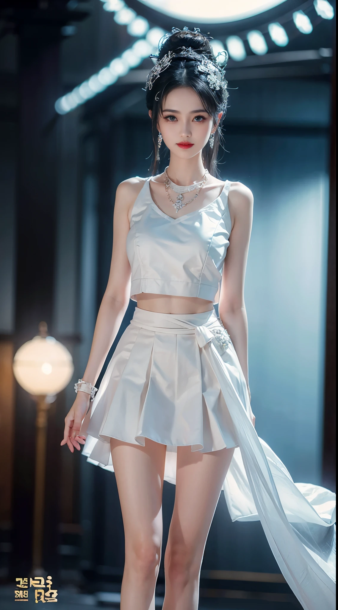 BAINV, ((whole body)), ((from below)), ((gufeng,bare shoulders)), ((The skirt is short)),((Leaking beautiful legs)), clear face, pretty face, 8k, masterpiece, original photo, best quality, detail:1.2,lifelike, detail, Very detailed, CG, unity, wallpaper, depth of field, movie light, lens flare, Ray tracing, (extremely beautiful face, beautiful lips, beautiful eyes), complicated, detail的脸, ((ultra detailed skin)), 1 girl, in the darkness, deep shadow, beautiful korean girl, kpop idol,(Very slim figure:1.3), plump breasts, Slender sexy legs, elegant posture, (bright smile), (City night, (neon lights), (night), beautiful korean girl, white diamond earrings, diameter bracelet, Dia Necklace, clear eyes, facing forward, (big eyes)