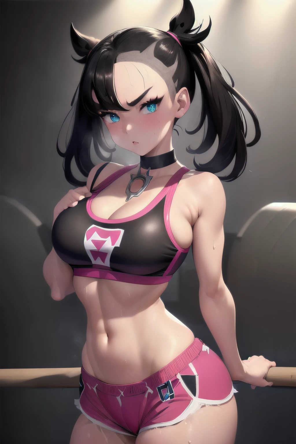 masterpiece, best quality, highres, hmmarnie, sparkling aqua eyes, choker, hair ribbon, model like looks, idol grace, sports bra, tight shorts, trunks, cowboy shot, standing, gazing at viewer, sweaty, sweat drip, gym setting, gymnasium, blush, huge breasts, gymnastics