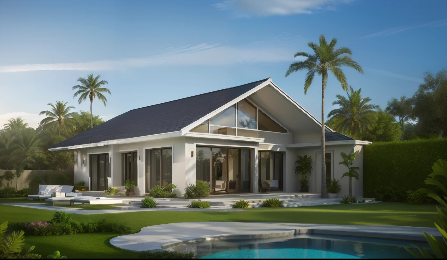 (masterpiece),(high quality), best quality, real,(realistic), super detailed,(full detail),(4k),8k,modern house exterior design,Modern architecture,white_house,Beautiful_sky,sunrise_light,(gentle light),((no_strong_contrast)), no_humans, outdoors,sky,((Tropical_trees)),Coconut_trees,Palm trees,Pool and Garden_flower_front_of_building,pool villa,(strong interior light),