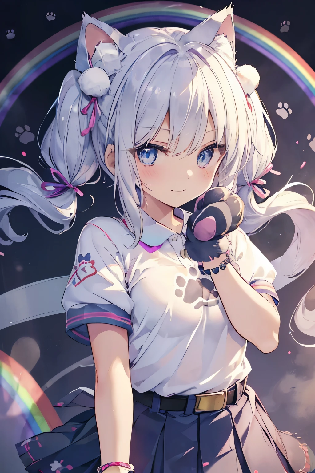 Silver-haired blue eyes、 girl、small breasts、twin tails、smile、cute clothes、gal girl、wearing cute earrings、With angel wings、(Short-sleeved polo shirt made of fluffy towel fabric with paw print embroidered on the left chest.:1.35)、(pleated skirt:1.35), （ファー付きふわふわCatブーツ)、(cute collar:1.2), (Katyusha with ribbon:1.2), ((fluffy gloves:1.3),(belt:1.3), ((rainbow bracelet,cute hair ornament):1.2)、(Cat&Paw fluffy emblem)、