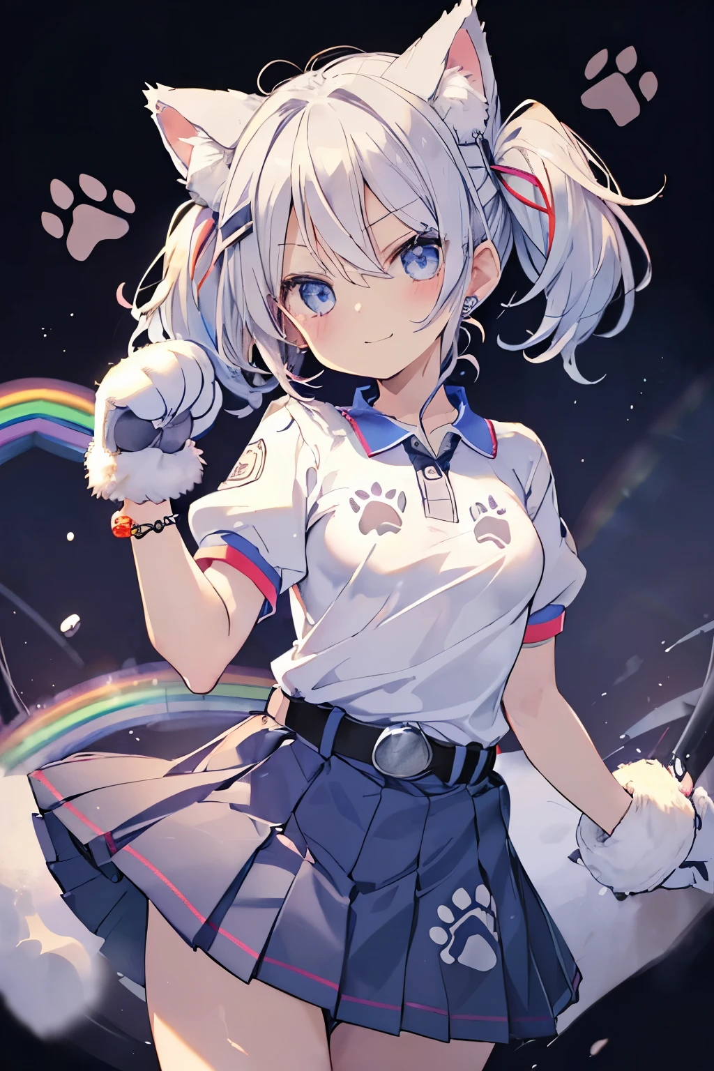 Silver-haired blue eyes、 girl、small breasts、twin tails、smile、cute clothes、gal girl、wearing cute earrings、With angel wings、(Short-sleeved polo shirt made of fluffy towel fabric with paw print embroidered on the left chest.:1.35)、(pleated skirt:1.35), (ファー付きふわふわCatブーツ)、(cute collar:1.2), (Katyusha with ribbon:1.2), ((fluffy gloves:1.3),(belt:1.3), ((rainbow bracelet,cute hair ornament):1.2)、(Cat&Paw fluffy emblem)、