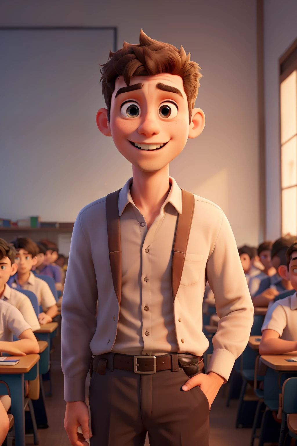 A male teacher is teaching with 10 students between the ages of 8-10 years having fun learning.
((best quality)), ((Masterpiece)), (details), perfect face
