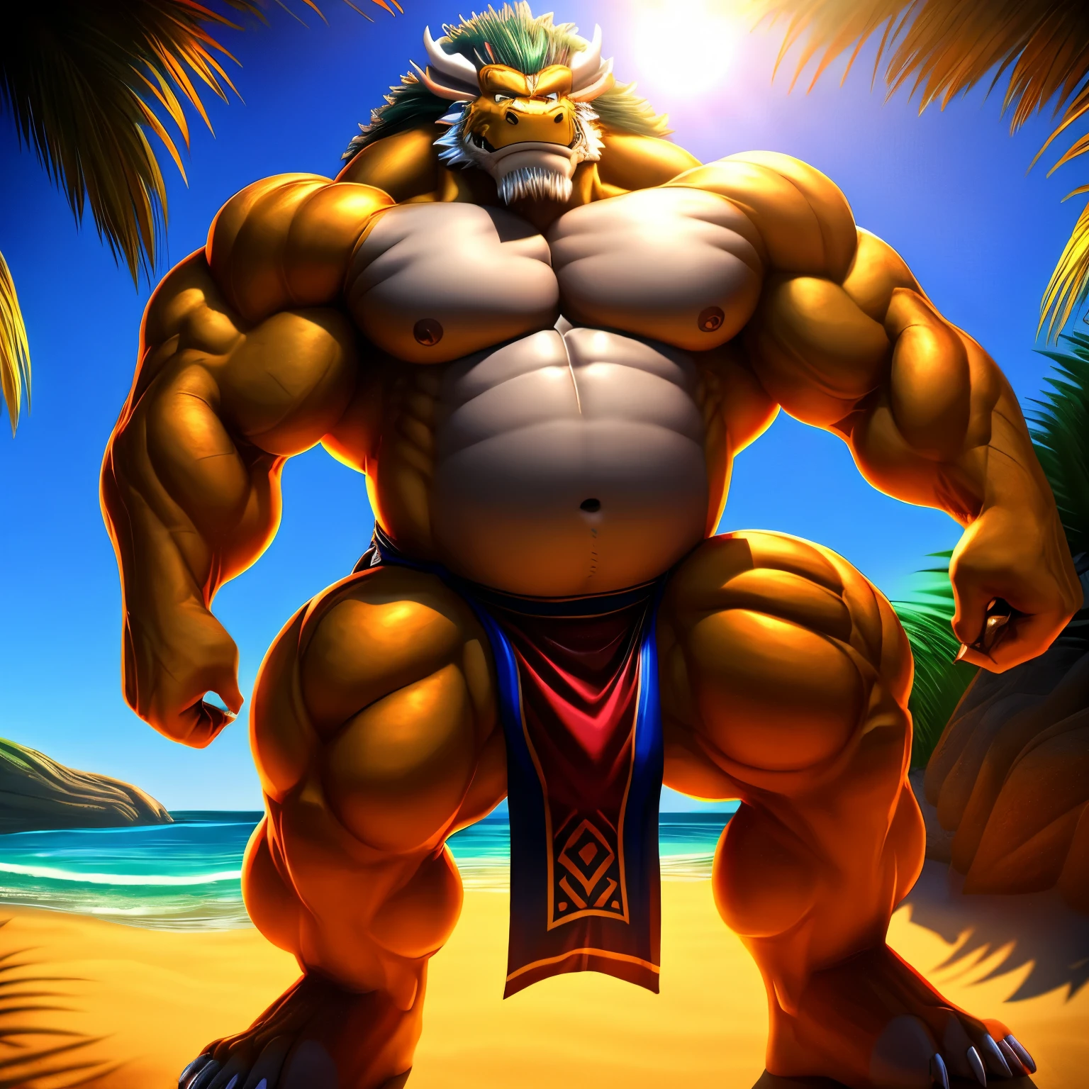  kaido,  eastern dragon king, male dragon, eastern dragon, very big muscles, hulking,  extremely strong, big abdominal muscles, hefty musclegut, pecs, muscular dad body,  Strong and robust musclegut , strong abs, sharp  claws, dragon feet claw, full body, loincloth, one piece, HDR,  nipples, sunlight, daylight, outdoor, bright , sunshine, at noon, fighting pose, good weather,  on sea beach, 8k, best quality .