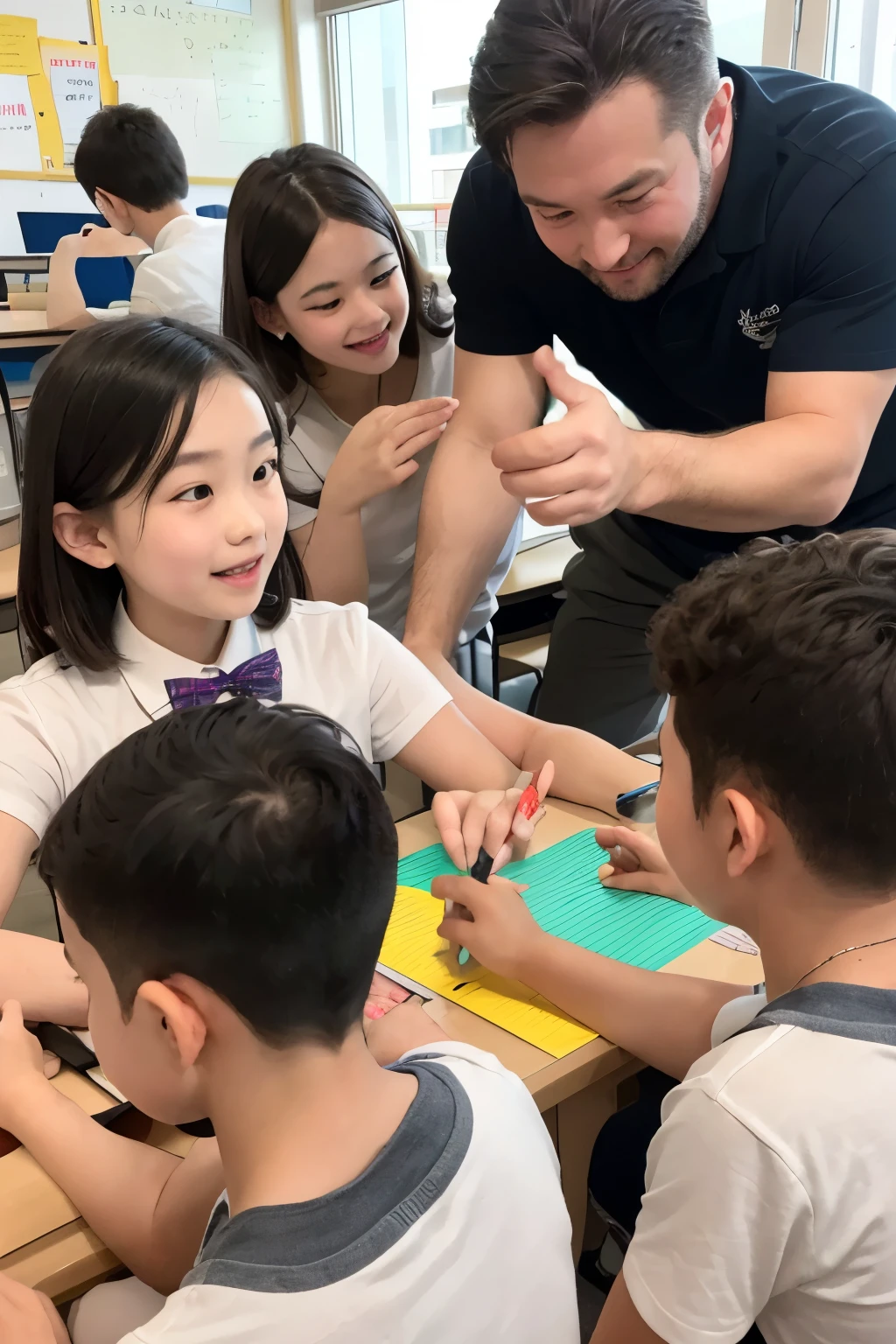 A male teacher is teaching with 10 students between the ages of 8-10 years having fun learning.
((best quality)), ((Masterpiece)), (details), perfect face