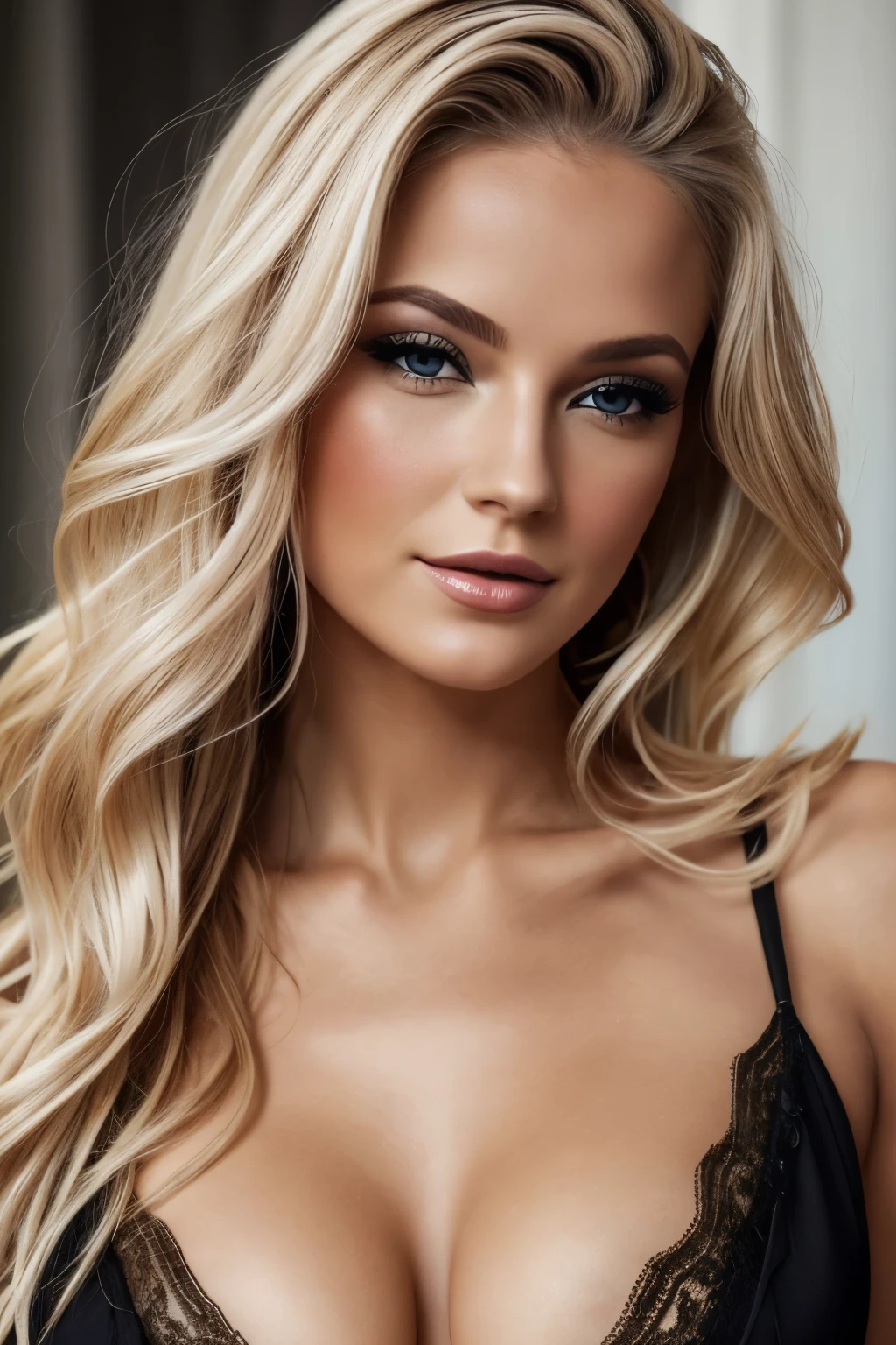 Aesthetic work, une femme, cheveux blond, Yeux noirs, Cheveux raides, joues rougies, full lips, regard malicieux, peau brun clair, robe courte, construction sexy, corps entier