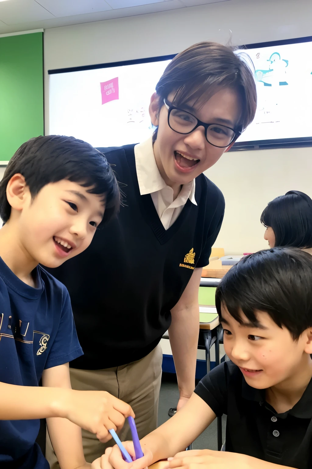 A male teacher is having fun teaching students between the ages of 8-10 years.
((best quality)), ((Masterpiece)), (details), perfect face