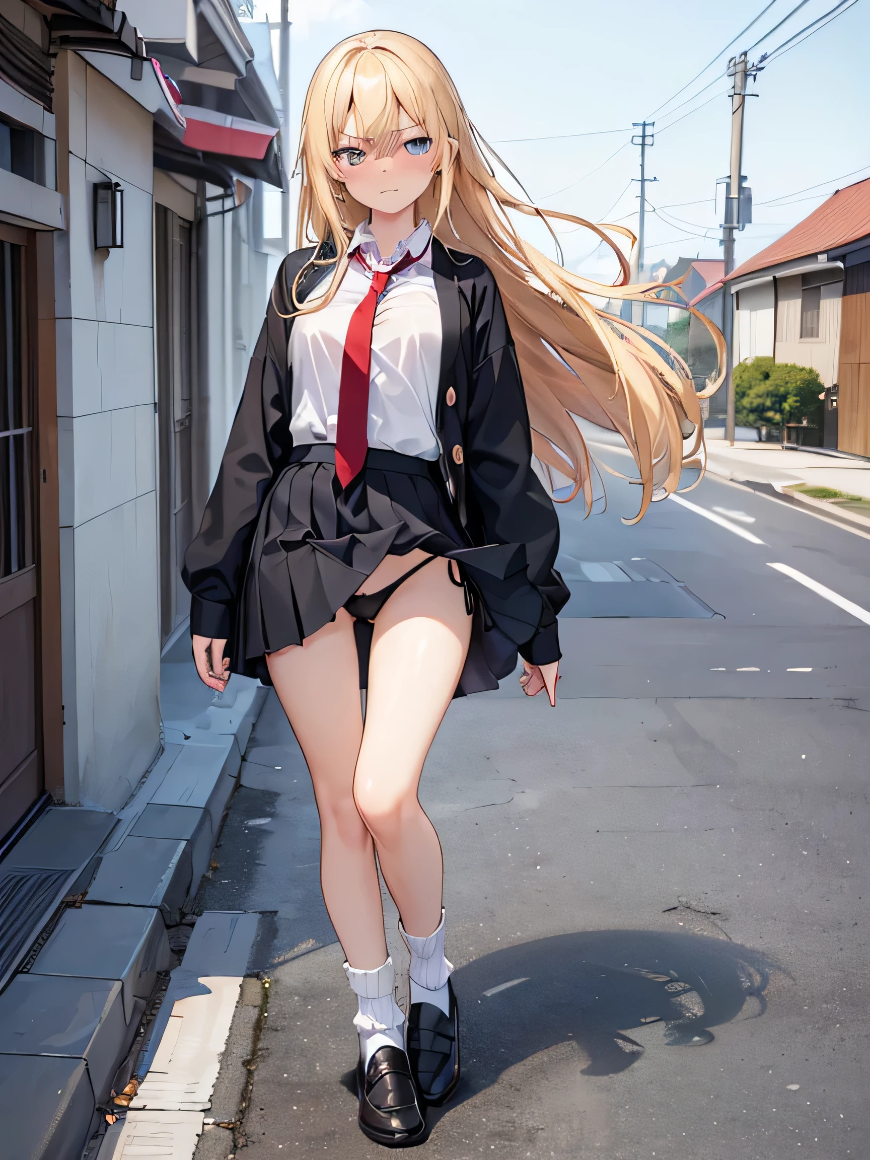 (masterpiece、highest quality、High resolution、realistic pictures、real looking skin、beautiful eyes、shining eyes:1.1)、
1 Japanese girl、alone、Full body Esbian、blonde、long hair、flowing hair、high school girl、bad、black loafers、
(Long collar shirt、Uniform Pleated Mini Skirt、red tie、The location is the high school ground.:1.1)、
(A skirt that flips up in the wind:1.5)、
(fully exposed panties:1.5)、
(loose socks:1.5)、
(Are standing:1.5)、
(Fancy black panties:1.5)、
(The first button of the shirt is open.:1.5)、
(his tie is tied loosely.:1.5)、
(his expression is embarrassing, but he&#39;s staring at me.:1.5)、
NSFW