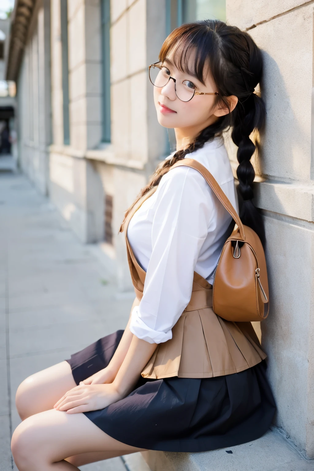 ((Best quality, 8k, Masterpiece :1.3)), 1girl, School girl from Japan: 1.4, Traditional uniform: 1.2, (Long, braided ponytail: 1.2), Short pleated skirt: 1.1, Sailor blouse: 1.1, Susanna apron: 1.1, Knee-high socks: 1.1, Mary Jane shoes: 1.1, Schoolbag on back: 1.1, Studious expression: 1.2, Glasses (if applicable): 1.1, Detailed facial features, Rosy cheeks, (Long, straight hair): 