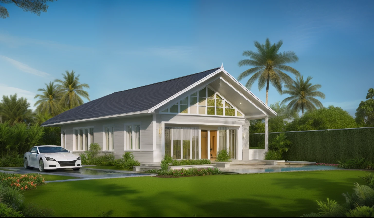 (masterpiece),(high quality), best quality, real,(realistic), super detailed,(full detail),(4k),8k,modern house exterior design,Modern architecture,white_house,Beautiful_sky,sunrise_light,(gentle light),((no_strong_contrast)), no_humans, outdoors,sky,((Tropical_trees)),Coconut_trees,Palm trees,Pool and Garden_flower_front_of_building,pool villa,(strong interior light),