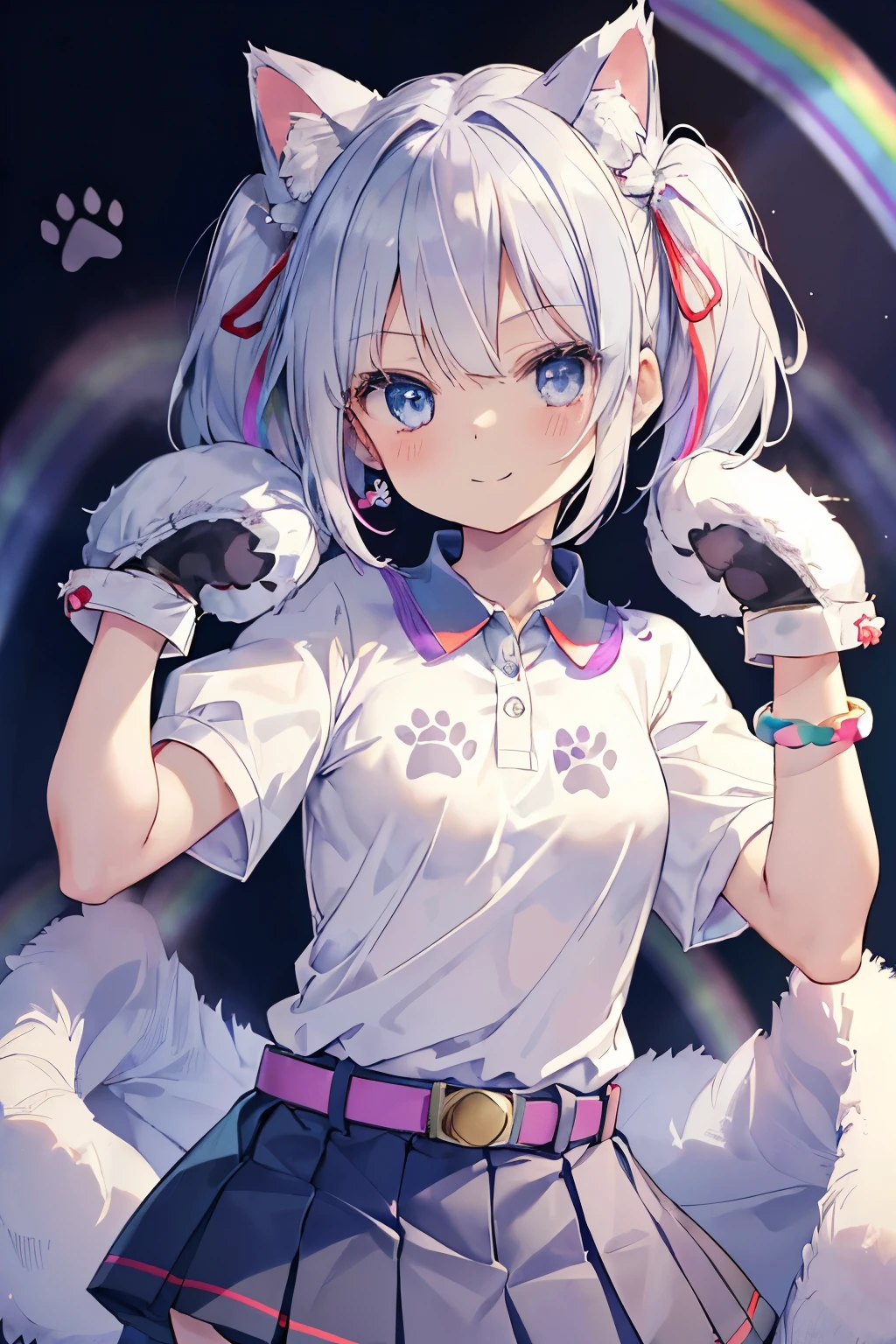 Silver-haired blue eyes、 girl、small breasts、twin tails、smile、cute clothes、gal girl、wearing cute earrings、With angel wings、(Short-sleeved polo shirt made of fluffy towel fabric with paw print embroidered on the left chest.:1.35)、(pleated skirt:1.35), （ファー付きふわふわCatブーツ)、(cute collar:1.2), (Katyusha with ribbon:1.2), ((fluffy gloves:1.3),(belt:1.3), ((rainbow bracelet,cute hair ornament):1.2)、(Cat&Paw fluffy emblem)、