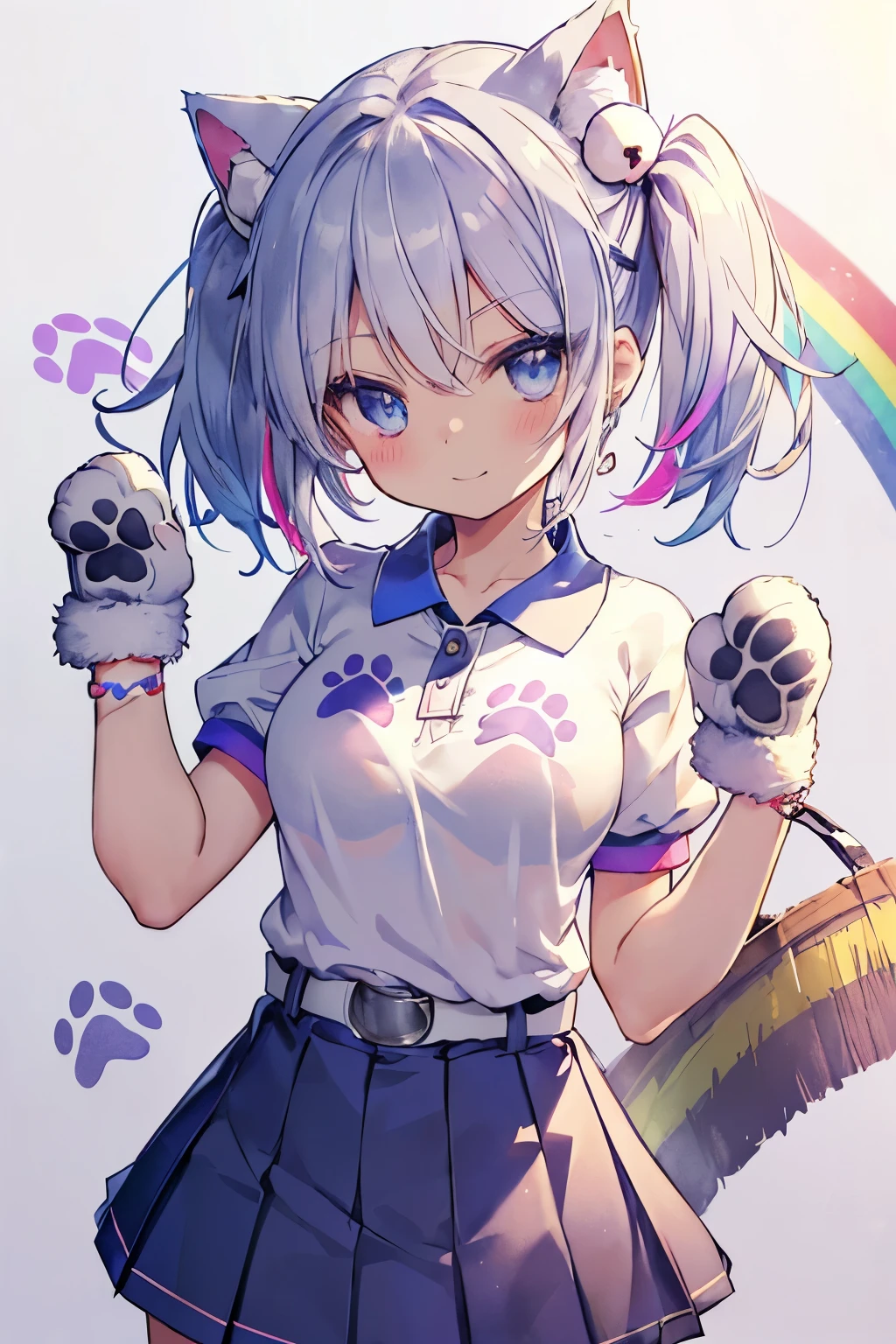Silver-haired blue eyes、 girl、small breasts、twin tails、smile、cute clothes、gal girl、wearing cute earrings、With angel wings、(Short-sleeved polo shirt made of fluffy towel fabric with paw print embroidered on the left chest.:1.35)、(pleated skirt:1.35), (ファー付きふわふわCatブーツ)、(cute collar:1.2), (Katyusha with ribbon:1.2), ((fluffy gloves:1.3),(belt:1.3), ((rainbow bracelet,cute hair ornament):1.2)、(Cat&Paw fluffy emblem)、