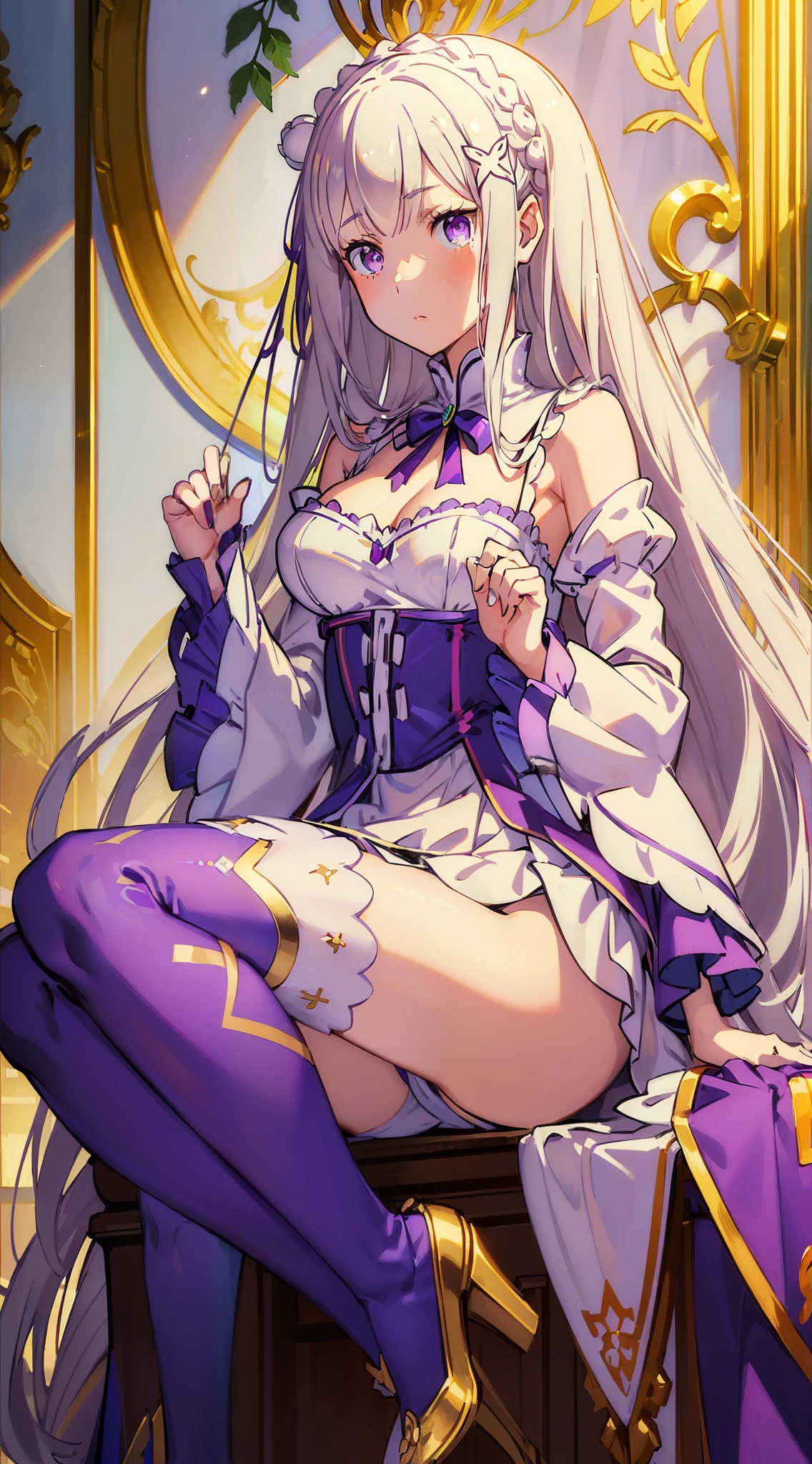 (masterpiece:1.5) (bestquality) (highlydetailed) (ultra-detailed), Emilia re:zero, purple eyes, Emilia, crown braid, x hair ornament, flower hair ornament, white hair, very long hair, medium breasts, solo (1girl) puffy sleeves cold shinegoldeneyes expressionless cross-lacedfootwear, hair rings, (chain) (bunny girl costume:white)