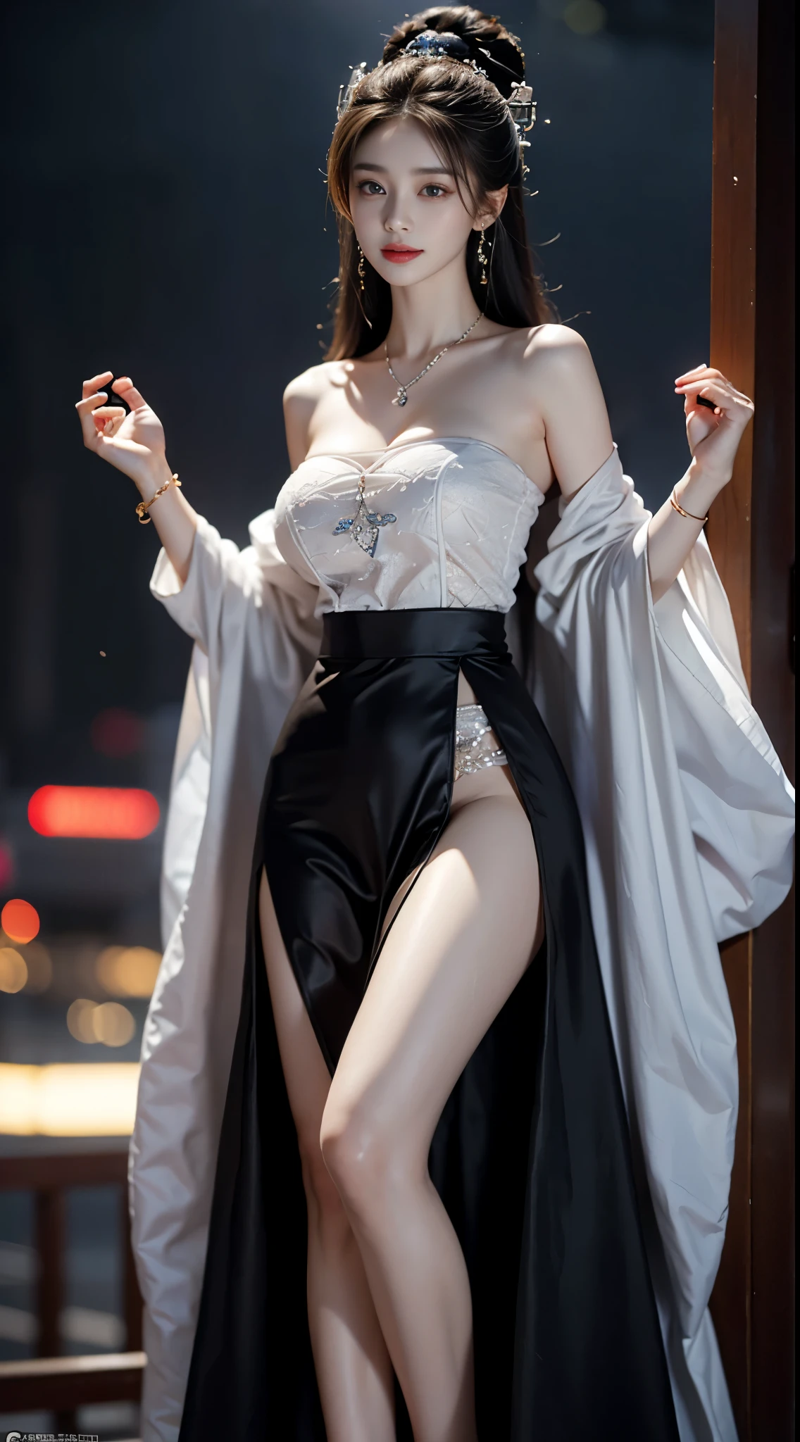 gufeng,bare shoulders, ((whole body)), ((from below)), ((gufeng,bare shoulders)), ((The skirt is short)),((Leaking beautiful legs)), clear face, pretty face, 8k, masterpiece, original photo, best quality, detail:1.2,lifelike, detail, Very detailed, CG, unity, wallpaper, depth of field, movie light, lens flare, Ray tracing, (extremely beautiful face, beautiful lips, beautiful eyes), complicated, detail的脸, ((ultra detailed skin)), 1 girl, in the darkness, deep shadow, beautiful korean girl, kpop idol,(Very slim figure:1.3), plump breasts, Slender sexy legs, elegant posture, (bright smile), (City night, (neon lights), (night), beautiful korean girl, white diamond earrings, diameter bracelet, Dia Necklace, clear eyes, facing forward, (big eyes)