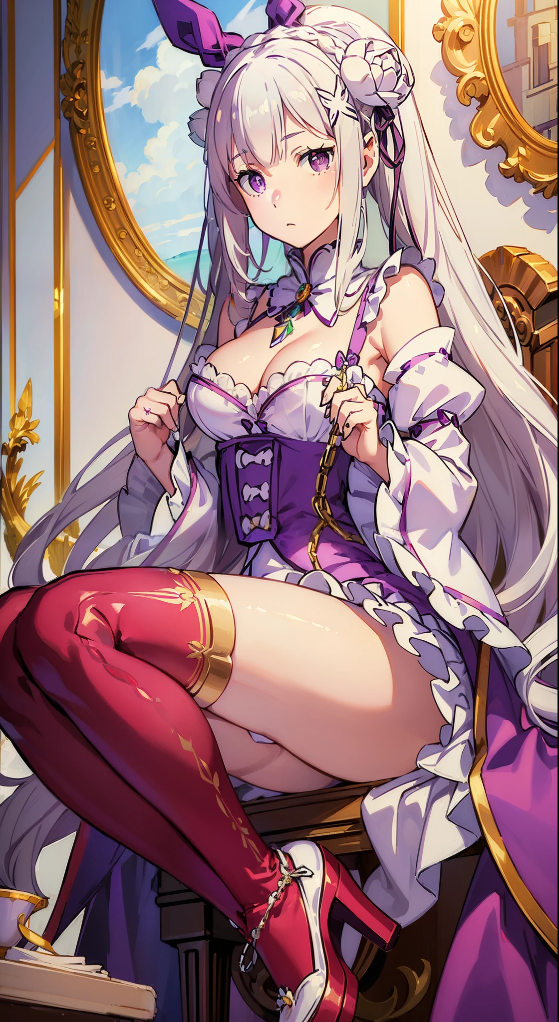 (masterpiece:1.5) (bestquality) (highlydetailed) (ultra-detailed), Emilia re:zero, purple eyes, Emilia, crown braid, x hair ornament, flower hair ornament, white hair, very long hair, medium breasts, solo (1girl) puffy sleeves cold shinegoldeneyes expressionless cross-lacedfootwear, hair rings, (chain) (bunny girl costume:white)