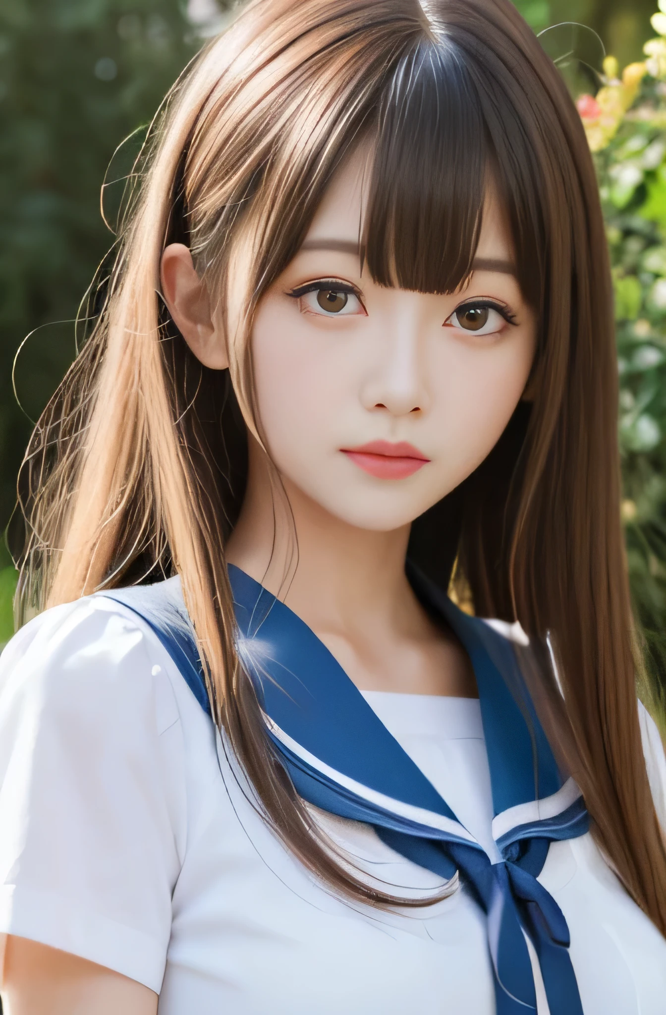 bright look、photorealism、highest quality、超A high resolution、photograph、最も美しい北欧の女の子のphotograph、cute and beautiful face details、(face to face with the children_v1:0.008)、美しいbangs、alice in wonderland、18-year-old、radiant white skin、hair sticks to face、顔まで伸びるbangs、bangs、hair between eyes、super long hair、Attractive bright natural blonde super long straight silky hair、thin hair、Charming and shining beautiful bright and clear light blue big eyes、school uniform、school uniform、double eyelid、plump breasts、O cup 、big breasts、big breasts