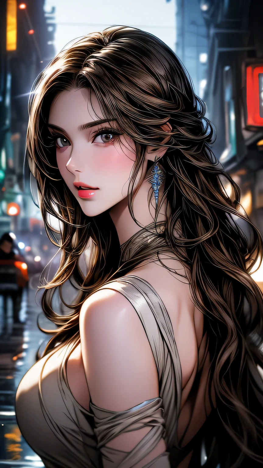 Photo of a 25 year old European girl posing, to be born, Beautiful woman, (super long wavy brown hair), ((portrait)), ((get used to it face:1.2)), ((get used to it facial features)), (finely get used to it skin), white skin, (White short dress), cyberpunk metropolis environment, (cool colorist, Moist, masterpiece of reflection) (perfect proportions)(realistic pictures)(highest quality) (get used to it) , HDR, (8k) (wallpaper) (cinematic lighting) (dramatic lighting) (sharp focus) (Complex)、((portrait)))