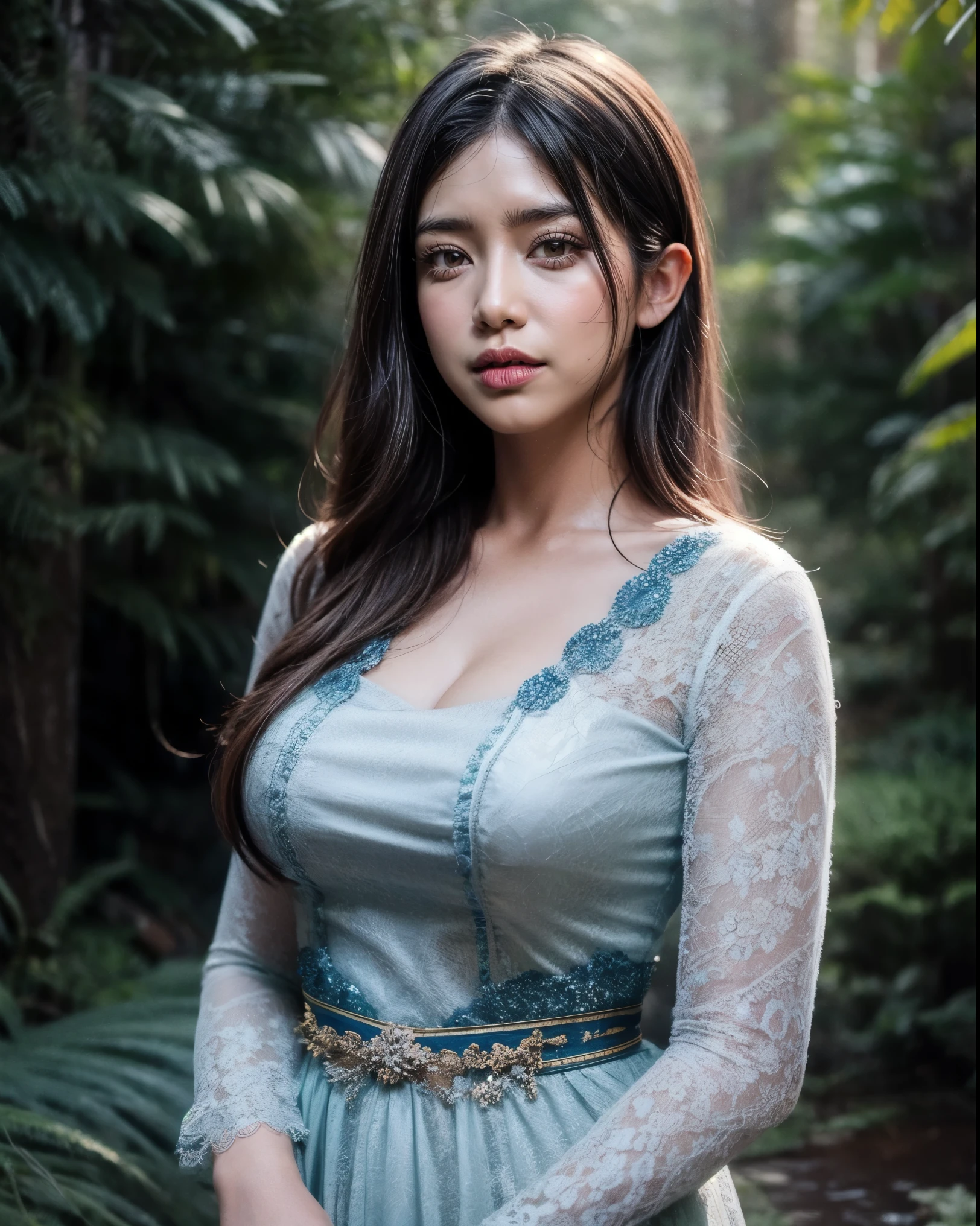 Create a photorealistic masterpiece of a beautiful woman with long hair wearing traditional Indonesian kebaya attire. Set her against a dark, forest backdrop with a captivating glow in the background and bokeh effect. Ensure the image quality is 8K with ultra-realistic details.,kebaya,kebaya indonesia