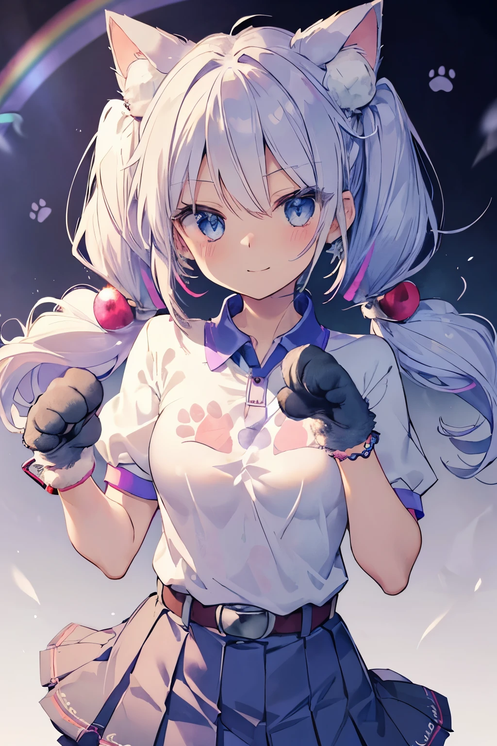 Silver-haired blue eyes、 girl、small breasts、twin tails、smile、cute clothes、gal girl、wearing cute earrings、With angel wings、(Short-sleeved polo shirt made of fluffy towel fabric with paw print embroidered on the left chest.:1.35)、(pleated skirt:1.35), (ファー付きふわふわCatブーツ)、(cute collar:1.2), (Katyusha with ribbon:1.2), ((fluffy gloves:1.3),(belt:1.3), ((rainbow bracelet,cute hair ornament):1.2)、(Cat&Paw fluffy emblem)、