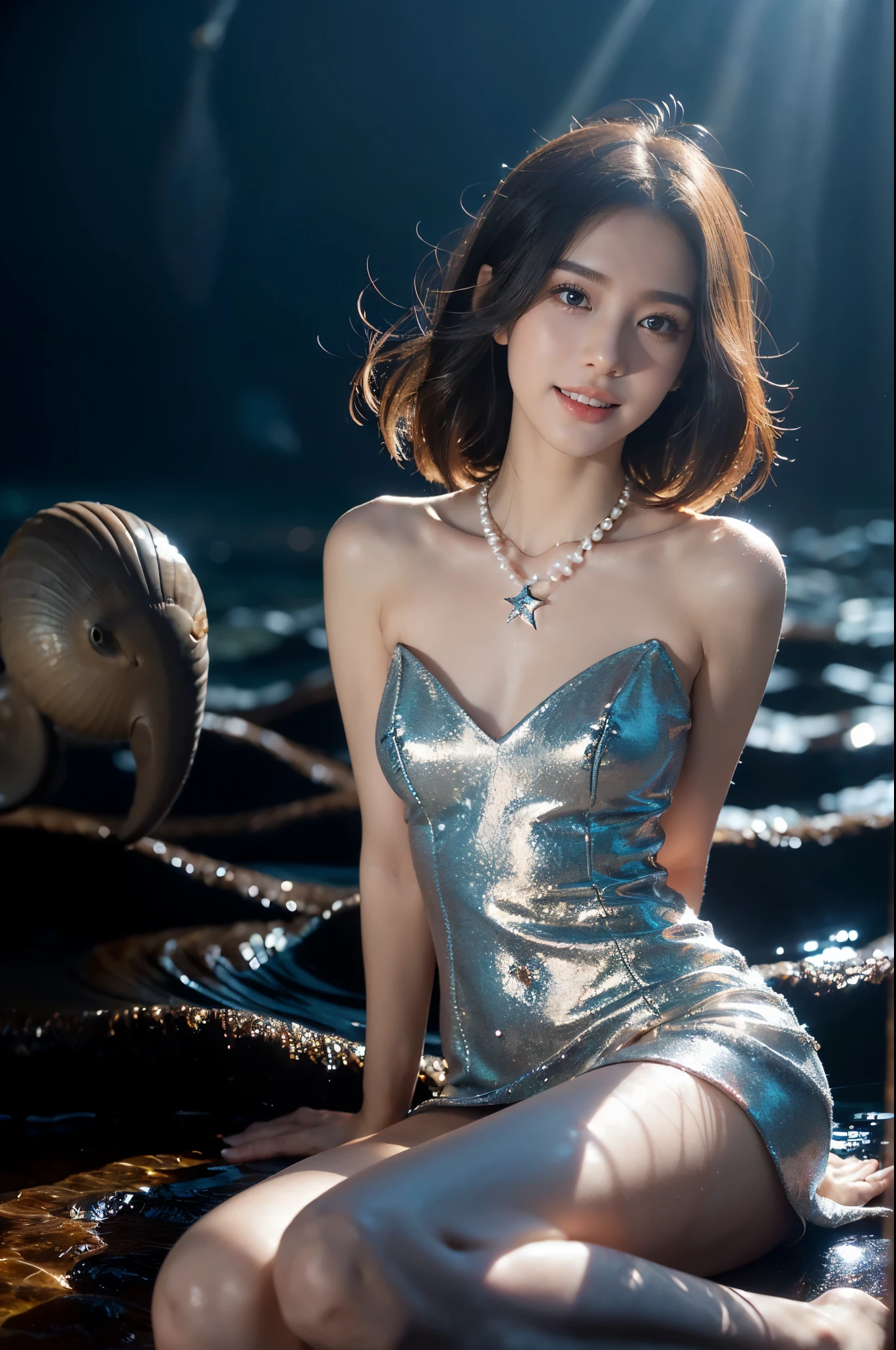 ((((8k))),((Extremely meticulous CG)) ,(wallpaper),16k,((Extremely refined and beautiful)),(((Masterpiece))),(((best qualtiy))),(((Ultra High Resolution))),beautiful light up,Perfect lightning,realistic shaded,((high resolution)),(Smooth and flawless fair skin:1.5),(pale skin:1.3),(Extremely exquisite facial details:1.2),(perfect body:1.1),(ultra-detailed),((A beautiful girl,solo)),(small head:1.2),(shoulder length straight bob hair:1.2),(small face:1.2),(baby face:1.3),(Exquisite makeup:1.2),(small breasts:1.2),(flat chests:1.2),((slim,thin)),happy,(laughing:1.2),(crystal necklace:1.2),(sparkled dress:1.5),(night scene:1.5),(detailed background:1.5),(sitting in the shell:1.3),(arms behind back:1.3),(spread legs apart:1.3),(upper body:1.2),(from front:1.2),air bubbles,aquarium,bare legs,barefeet,bubbles blowing,coral,diving,dolphin,freediving,goldfishes,jellyfish,jewelry,light rays,ocean,partially underwater shot,pearl,(gemstone),seaweed,sleeveless,splashing,starfish,submerged,swimming,underwater,water drops,watercraft,waves,whale,