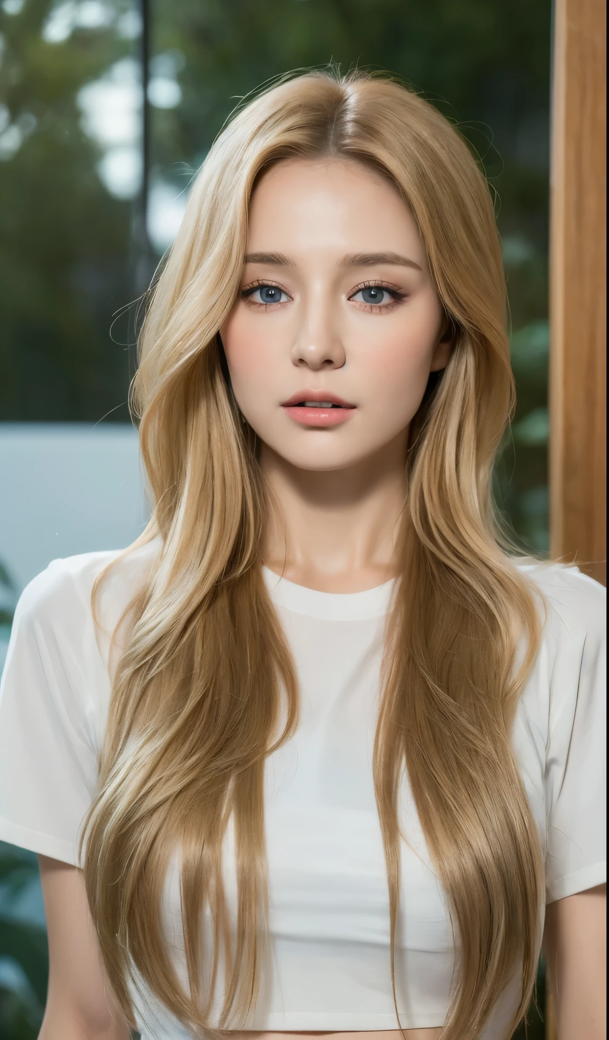 ((best quality, 8k, masterpiece: 1.3)), ((beautiful russian woman)), 1 female, small breasts: 1.3, slim figure: 1.1, toned abs, Blonde semi-long hair, (office, Transparent T-shirt), Super detailed face, Detailed lips, delicate eyes, double eyelids, Realistic photos