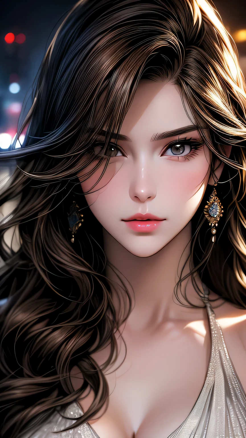Photo of a 25 year old European girl posing, to be born, Beautiful woman, (super long wavy brown hair), ((portrait)), ((get used to it face:1.2)), ((get used to it facial features)), (finely get used to it skin), white skin, (White short dress), cyberpunk metropolis environment, (cool colorist, Moist, masterpiece of reflection) (perfect proportions)(realistic pictures)(highest quality) (get used to it) , HDR, (8k) (wallpaper) (cinematic lighting) (dramatic lighting) (sharp focus) (Complex)、(((close up of face)))