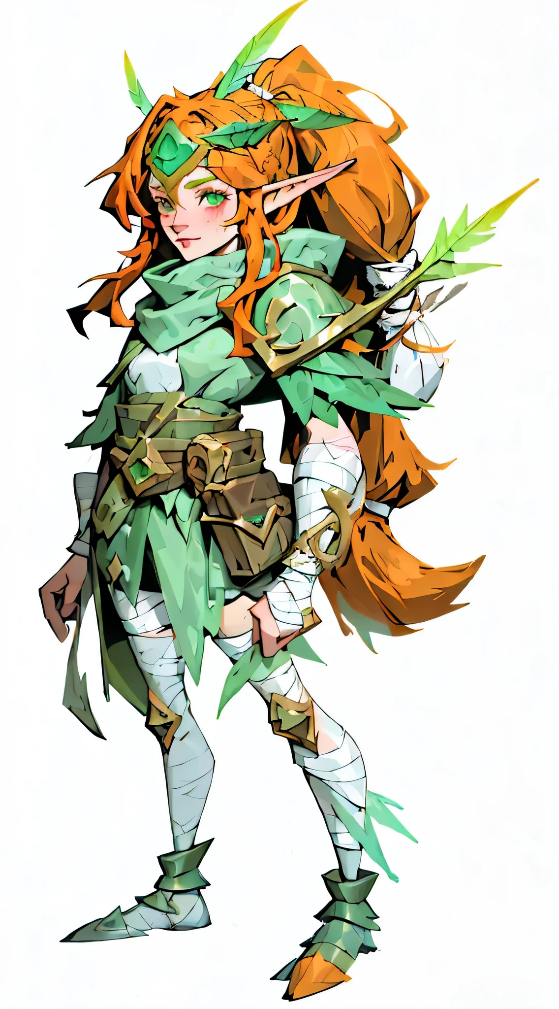 Grass, site, League of Legends, 1 girl, Elf, Druid, animal ears, bandage legs, long legs, bandage, bandage, bird legs, bird skull, cape, shut up, Distinguish ears by headgear, eyes visible through hair, face drawing, feather, hood, hooded cape, long hair, Brownish-green eyes, ginger, Red hair, Colorful hair, armor, blue scarf, scarf, scarf, scarf long hair, hooded scarf, green clothes, green skirt, long skirt, leather armor, ponytail