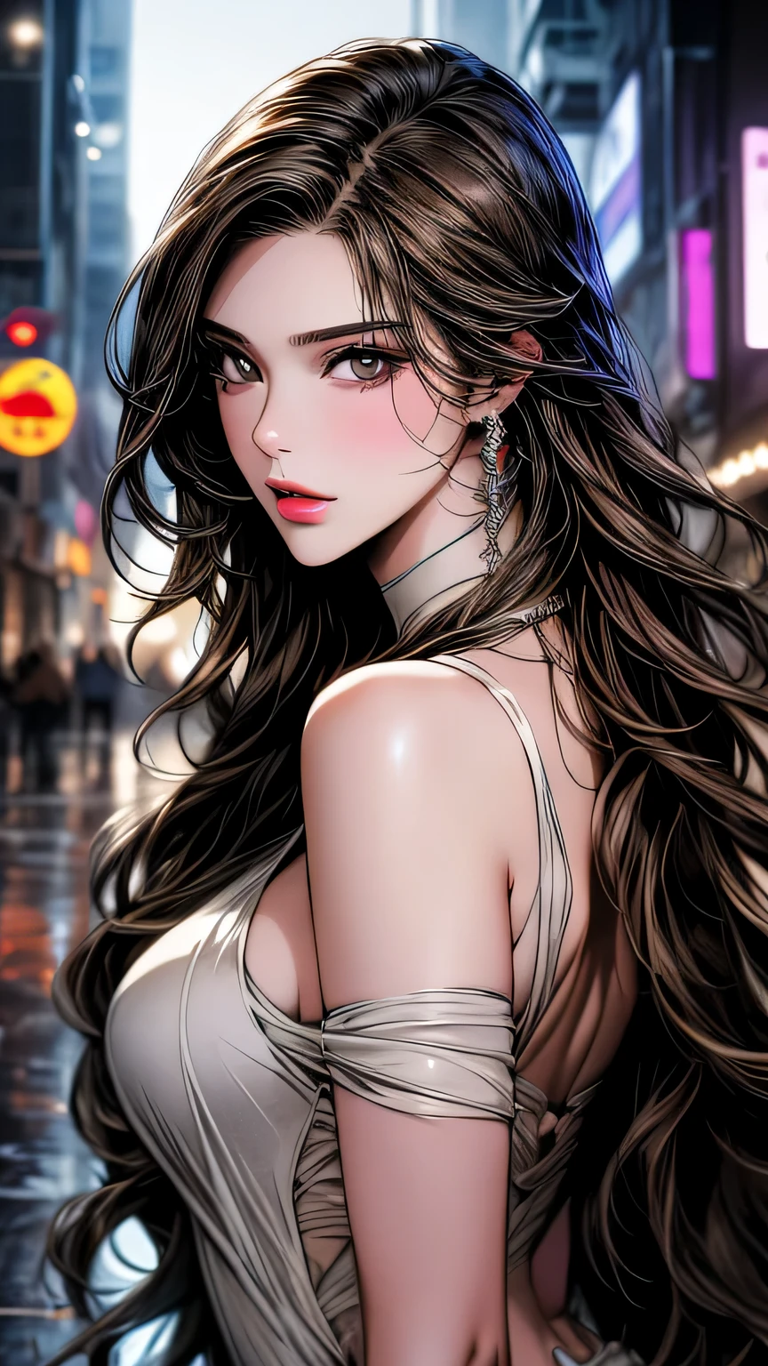Photo of a 25 year old European girl posing, to be born, Beautiful woman, (super long wavy brown hair), ((portrait)), ((get used to it face:1.2)), ((get used to it facial features)), (finely get used to it skin), white skin, (White short dress), cyberpunk metropolis environment, (cool colorist, Moist, masterpiece of reflection) (perfect proportions)(realistic pictures)(highest quality) (get used to it) , HDR, (8k) (wallpaper) (cinematic lighting) (dramatic lighting) (sharp focus) (Complex)、