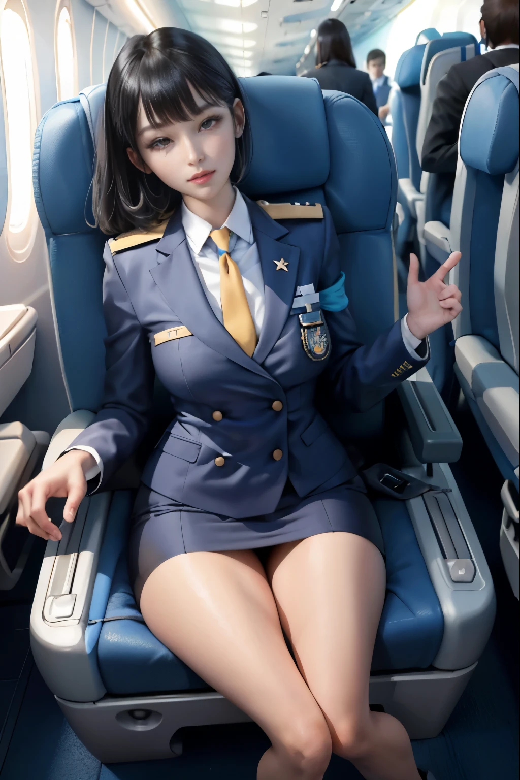 (masterpiece:1.2, highest quality), 1 female, alone, flight attendant, tight uniform, perfect hands, plane, Services for passengers, Providing safety precautions, Emergency response, bangs, (shiny skin:1.15),