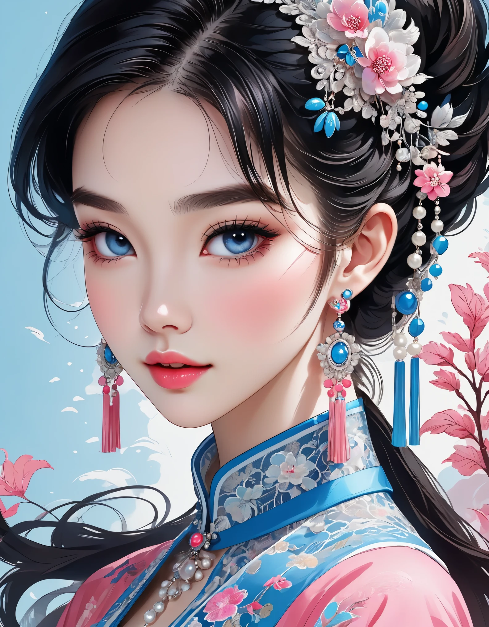 Flying veil covers the face of beautiful modern Chinese girl，Pearl ear-rings，Long eyelashes and pink lips，face close-up，Clean face，round chin，blue eyes，Blue embroidered lace fashion，White background。
flat illustration，3d rendering，Bright colors，Exquisite details，as illustration poster，2D game art style，Colorproofing，HD，32K ,niji