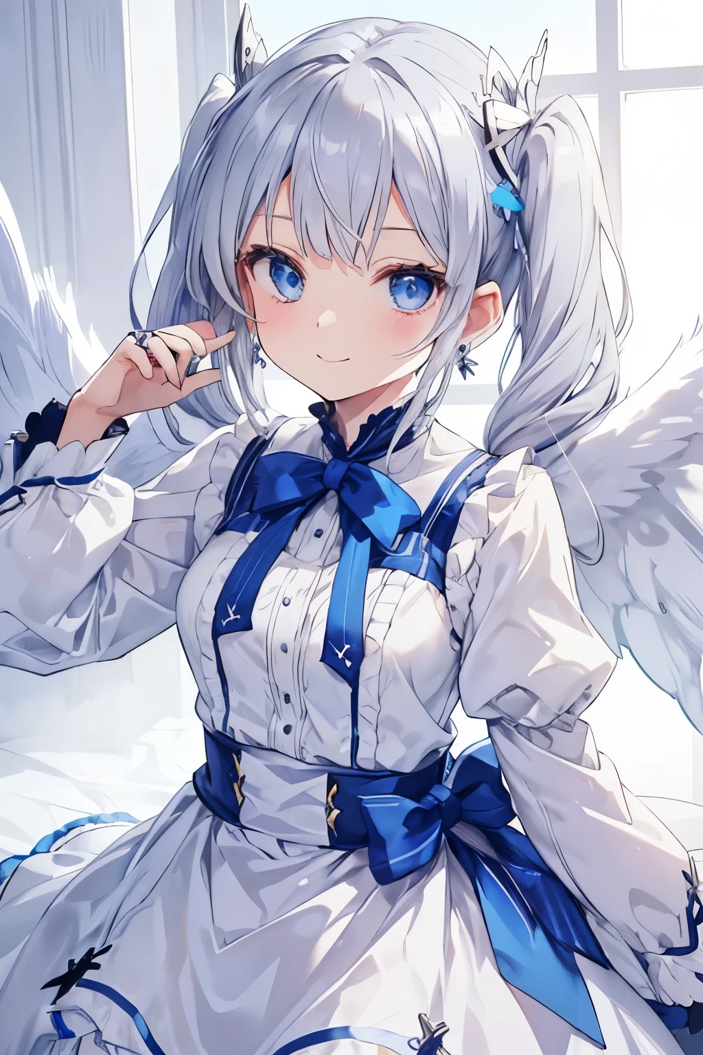 Silver-haired blue eyes、 girl、small breasts、twin tails、smile、cute clothes、gal girl、wearing cute earrings、With angel wings、There's an angel ring on my head