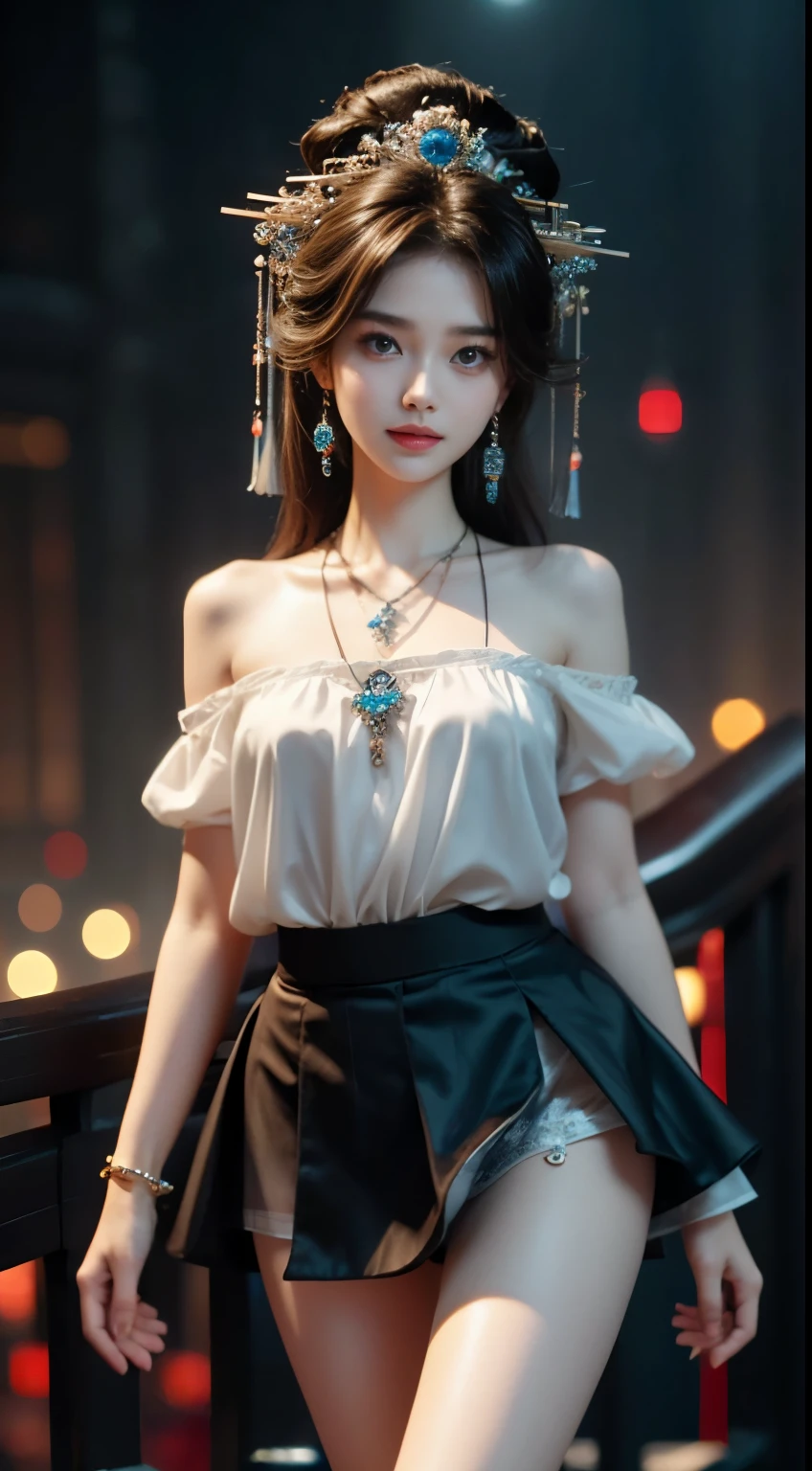  ((whole body)), ((from below)), ((gufeng,bare shoulders)), ((The skirt is short)),((Leaking beautiful legs)), clear face, pretty face, 8k, masterpiece, original photo, best quality, detail:1.2,lifelike, detail, Very detailed, CG, unity, wallpaper, depth of field, movie light, lens flare, Ray tracing, (extremely beautiful face, beautiful lips, beautiful eyes), complicated, detail的脸, ((ultra detailed skin)), 1 girl, in the darkness, deep shadow, beautiful korean girl, kpop idol,(Very slim figure:1.3), plump breasts, Slender sexy legs, elegant posture, (bright smile), (City night, (neon lights), (night), beautiful korean girl, white diamond earrings, diameter bracelet, Dia Necklace, clear eyes, facing forward, (big eyes)