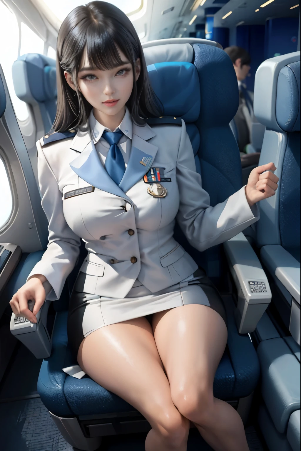 (masterpiece:1.2, highest quality), 1 female, alone, flight attendant, tight uniform, perfect hands, plane, Services for passengers, Providing safety precautions, Emergency response, bangs, (shiny skin:1.15),