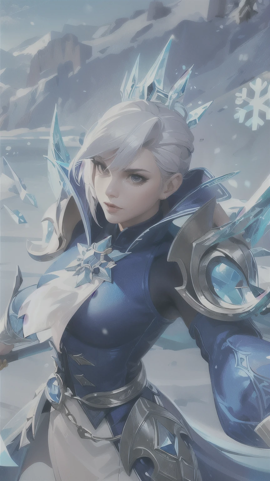 a close up of a woman with a sword in a snowy landscape, ice mage, ashe, queen of ice and storm, ice sorceress, icey, crystalline skin, freezing blue skin, valentina remenar, mobile legends, splash art, ig model | artgerm, official splash art, ice queen, ice crystal armor, ice lord, elsa