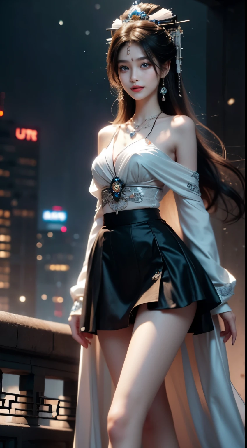 ((whole body)), ((from below)), ((gufeng,bare shoulders)), ((The skirt is short)),((Leaking beautiful legs)), clear face, pretty face, 8k, masterpiece, original photo, best quality, detail:1.2,lifelike, detail, Very detailed, CG, unity, wallpaper, depth of field, movie light, lens flare, Ray tracing, (extremely beautiful face, beautiful lips, beautiful eyes), complicated, detail的脸, ((ultra detailed skin)), 1 girl, in the darkness, deep shadow, beautiful korean girl, kpop idol,(Very slim figure:1.3), plump breasts, Slender sexy legs, elegant posture, (bright smile), (City night, (neon lights), (night), beautiful korean girl, white diamond earrings, diameter bracelet, Dia Necklace, clear eyes, facing forward, (big eyes)