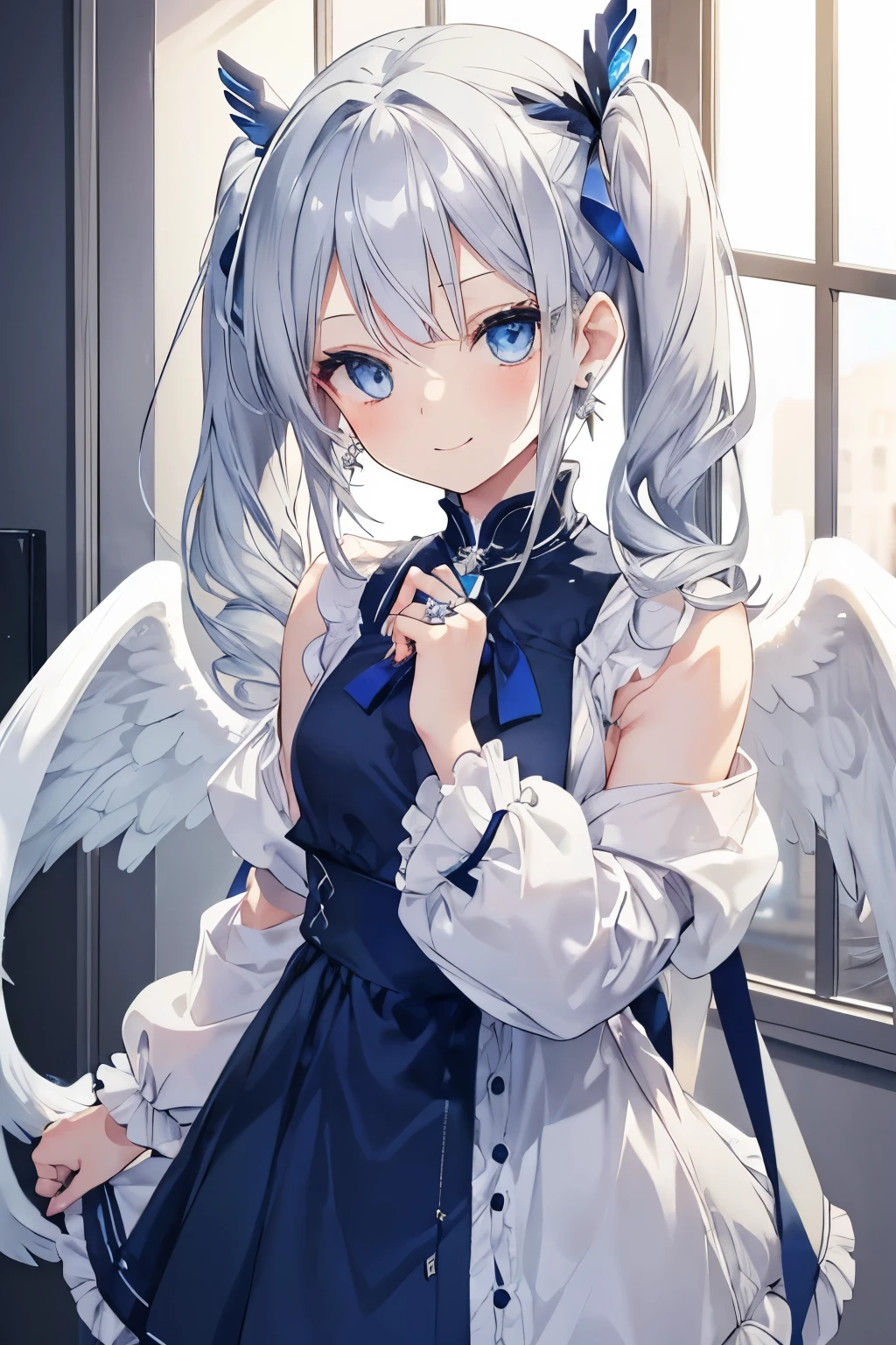 Silver-haired blue eyes、 girl、small breasts、twin tails、smile、sexy clothes、gal girl、wearing cute earrings、With angel wings、There's an angel ring on my head、lightly dressed