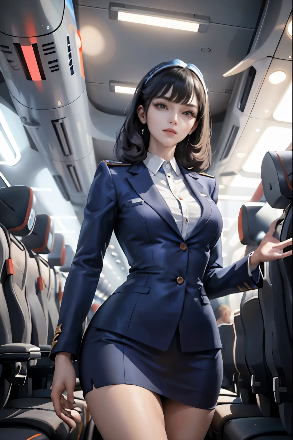 (masterpiece:1.2, highest quality), 1 female, alone, flight attendant, tight uniform, perfect hands, plane, Services for passengers, Providing safety precautions, Emergency response, bangs, (shiny skin:1.15),